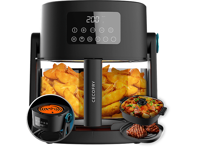 Freidora de aire  Cecotec Cecofry Flip&Grill 4500, 3 en 1, 1500 W, 4.5 L,  Reversible, Cubeta de cristal, Pack de accesorios, Temporizador, Black