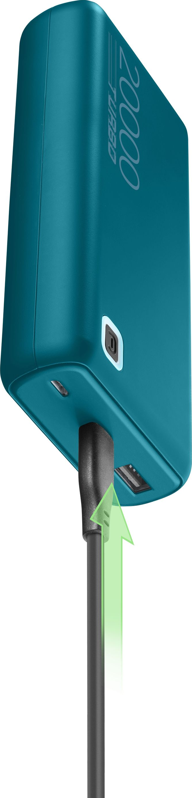Eine türkisblaue Powerbank, in die ein schwarzes Kabel eingesteckt wird.