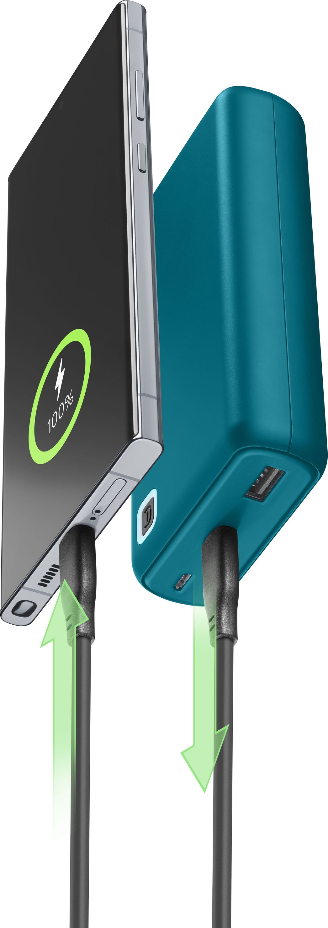 Ein Telefon lädt eine Powerbank mit einem USB-C-Kabel auf.