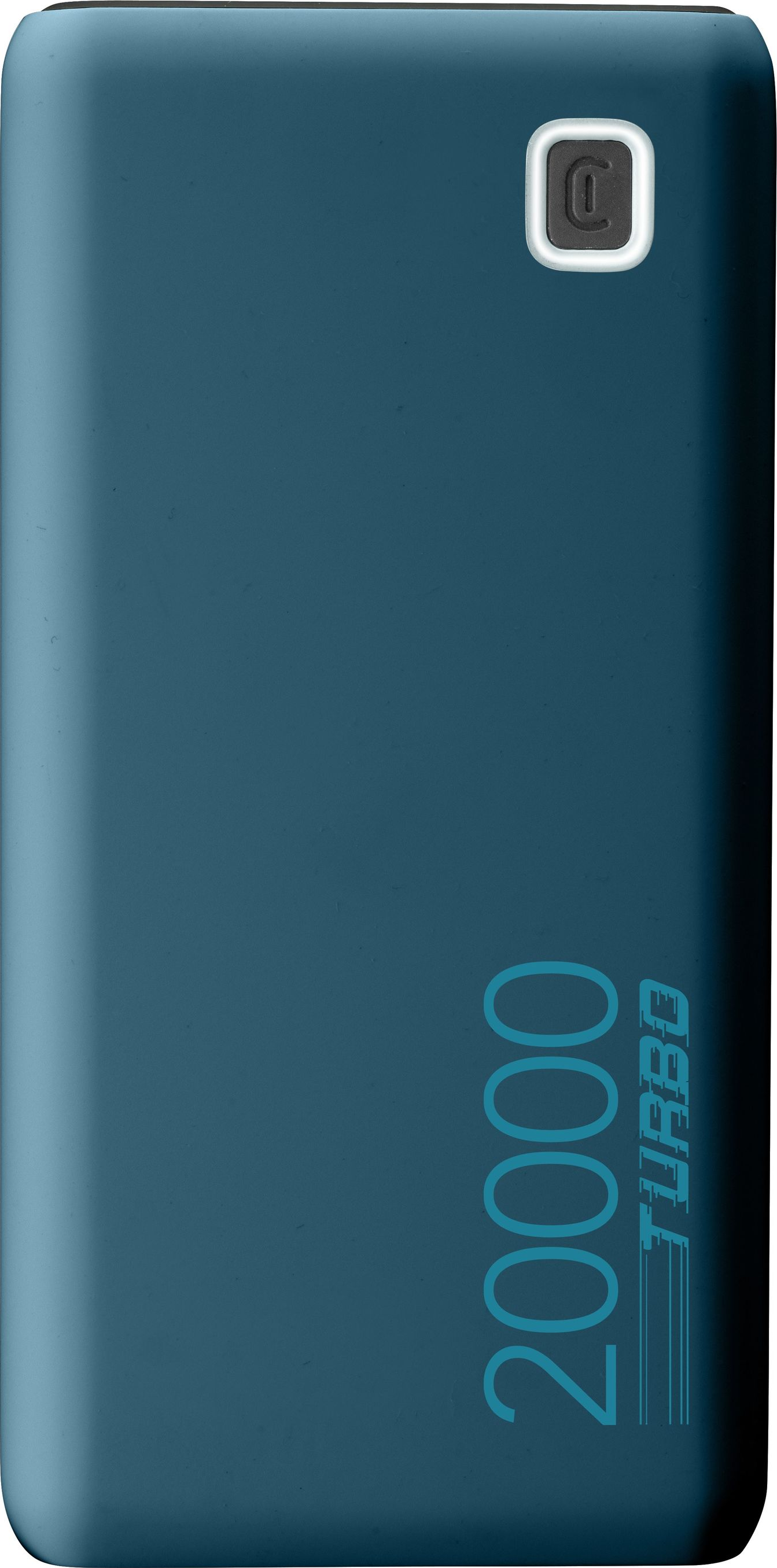Türkis Powerbank mit der Nummer 20000 und Turbo.