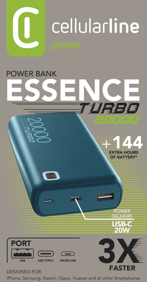 Eine türkisblaue Powerbank mit Text und Anschlüssen. Sie ist für Smartphones konzipiert und hat extra Akku.