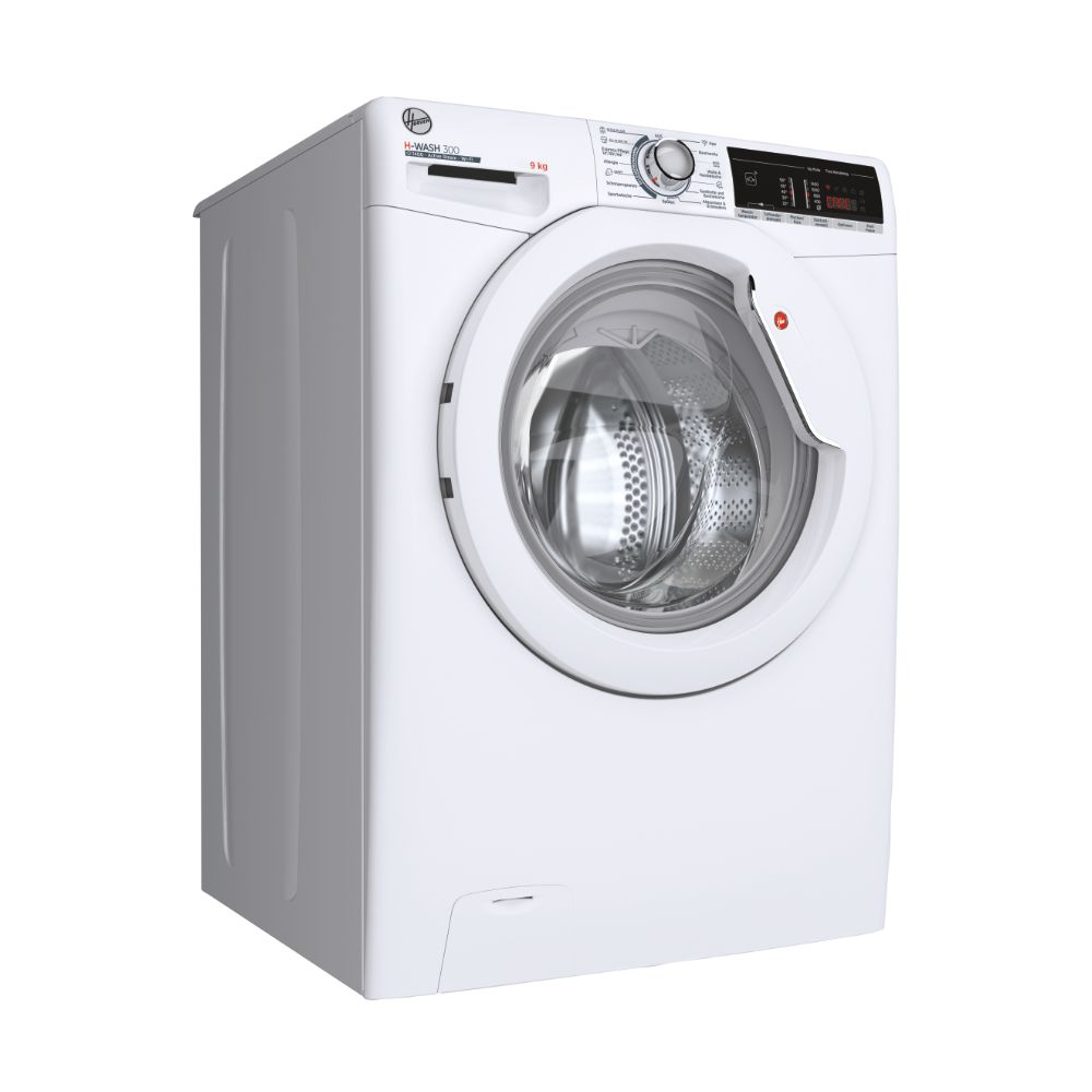 Weiße Waschmaschine, Vorderansicht, mit runder Tür und Bedienfeld.