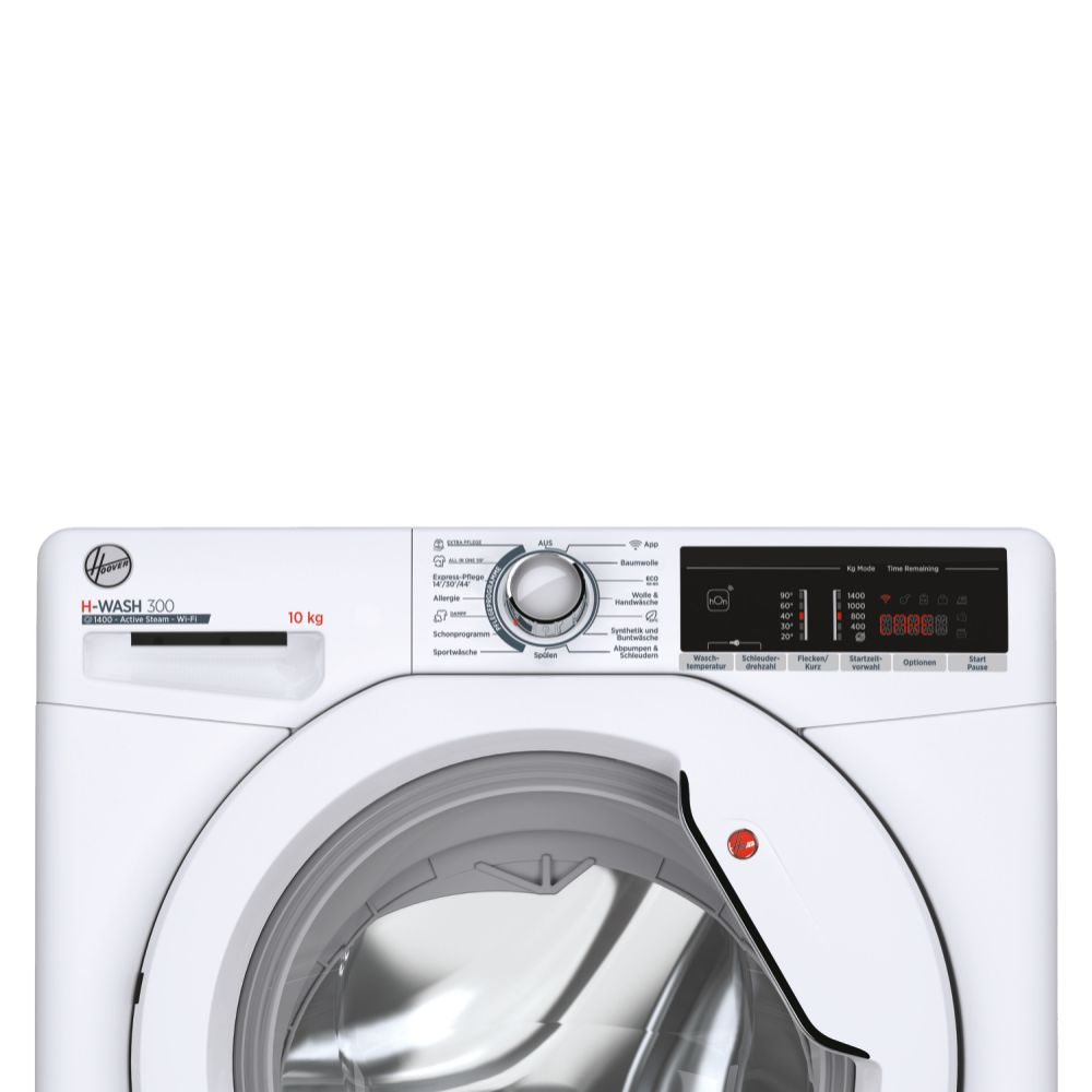 Vorderseite einer weißen Waschmaschine mit Bedienelementen, Display und der Marke 'Hoover'.