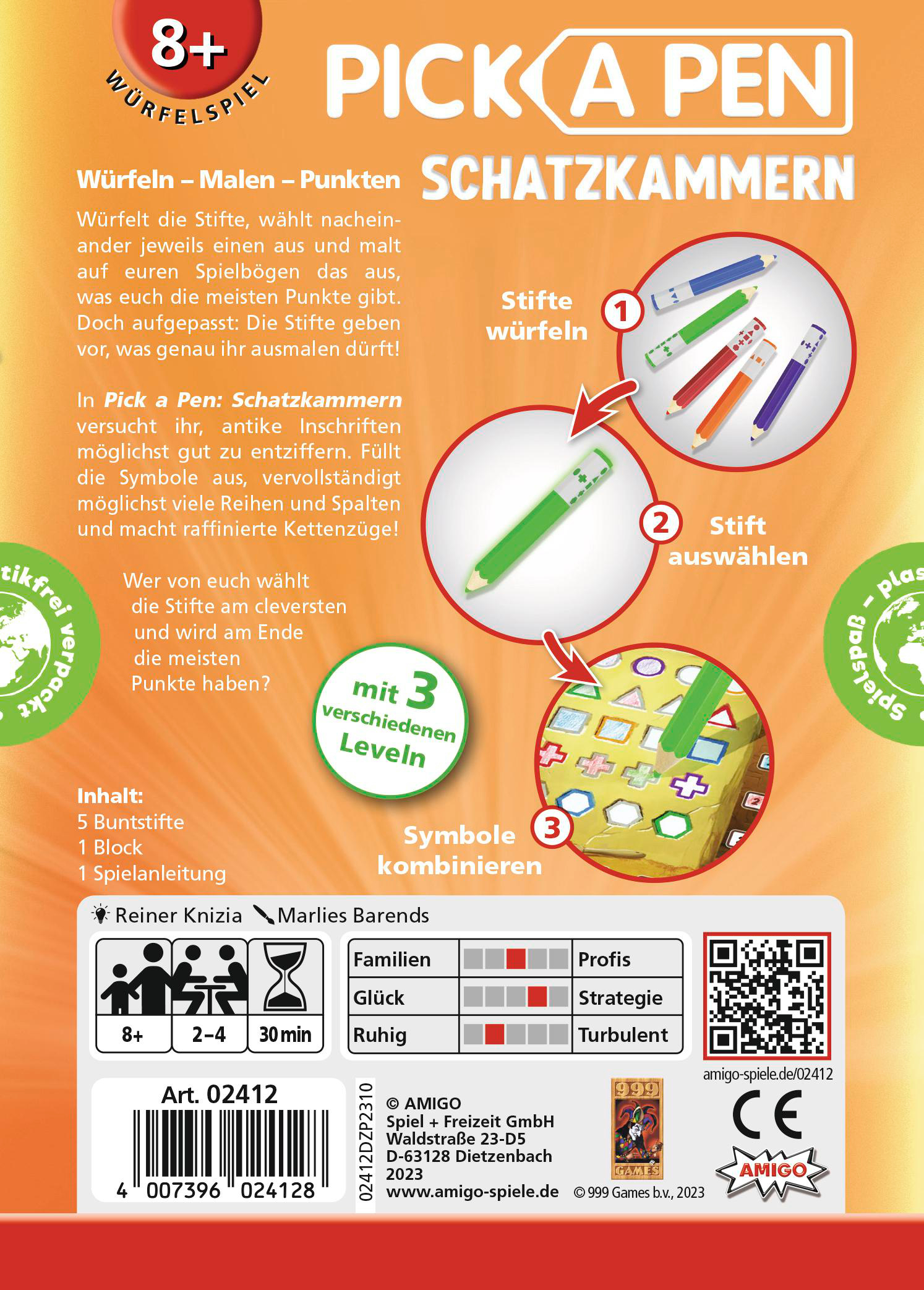 Die Rückseite einer Pick-a-Pen-Spielbox mit Grafiken, Text und bunten Stiften.