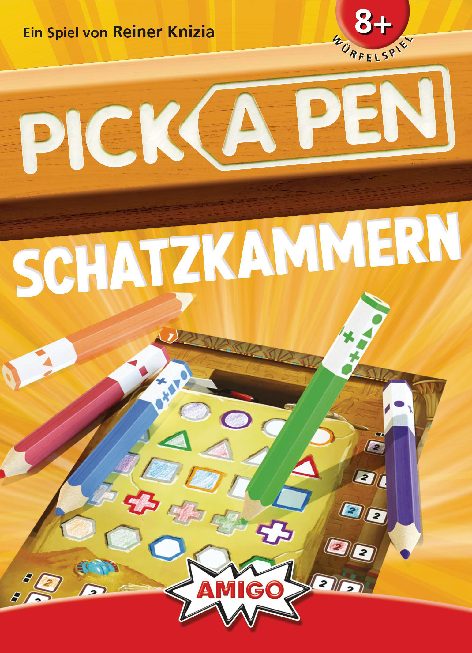 Cover des Brettspiels Pick a Pen, mit Stiften und Spielbrett.