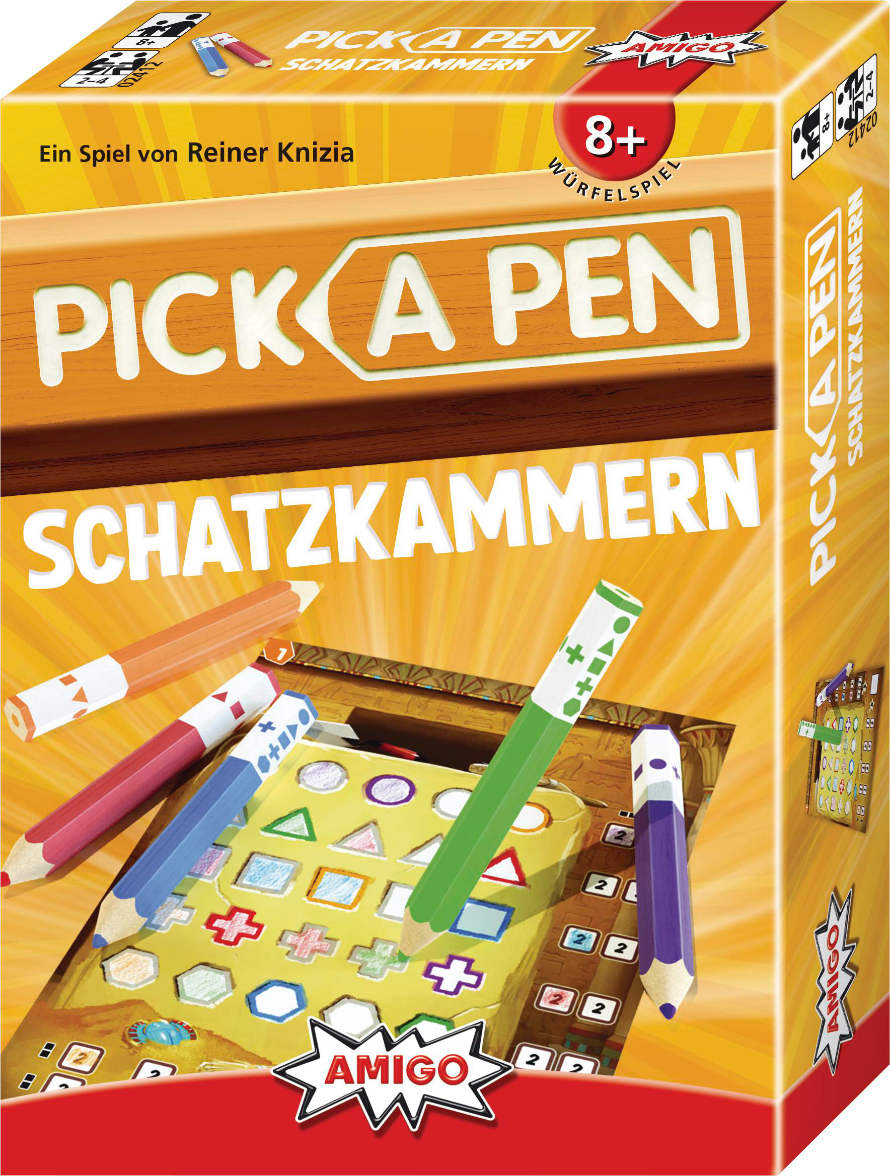 Verpacktes Brettspiel mit Stiften und Formen. 'PICK A PEN SCHATZKAMMERN' ist sichtbar.