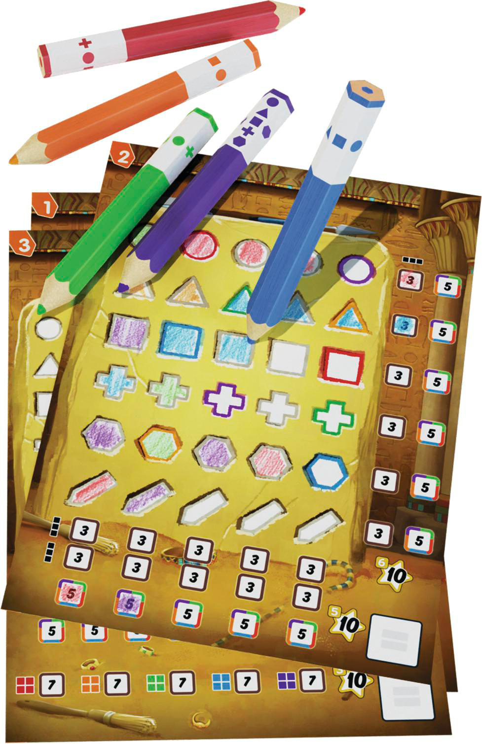 Buntstifte und Spielkarten mit Formen und Zahlen.