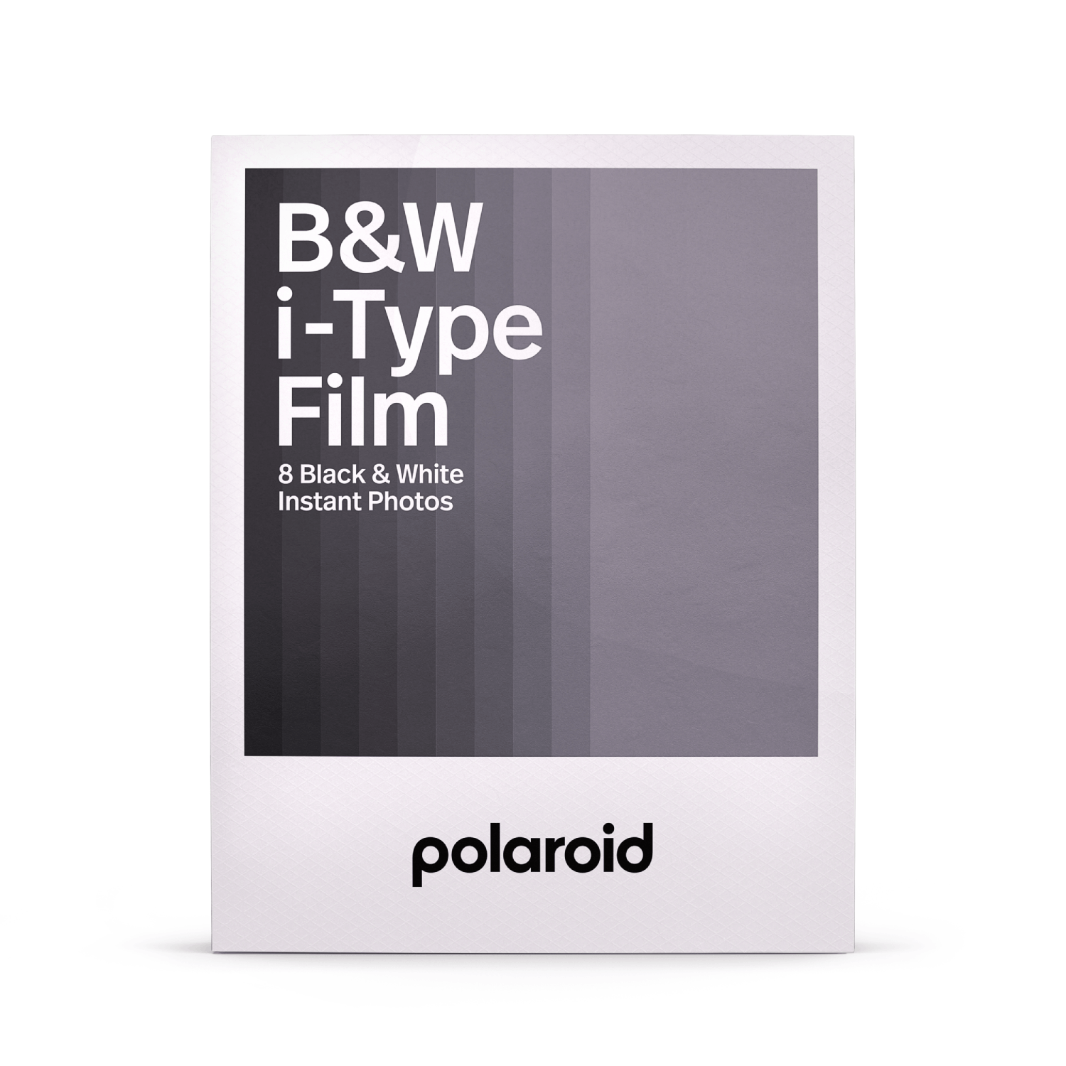 Paquete de película Polaroid. Paquete blanco con 'B&W i-Type Film' y el logo de Polaroid. Escala de grises.