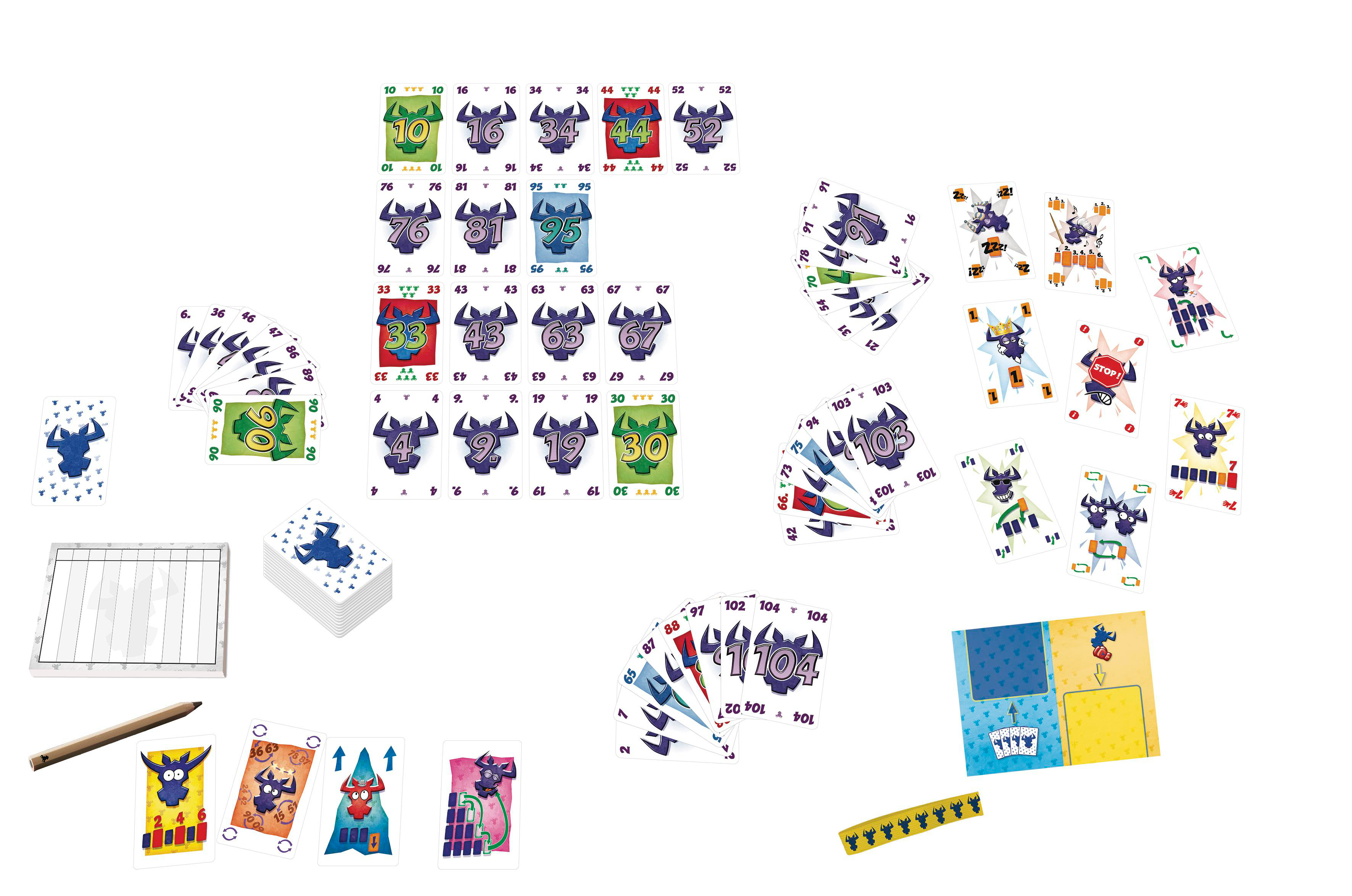 Karten mit verschiedenen Illustrationen. Es zeigt die Spielsteine und Karten für ein Spiel.