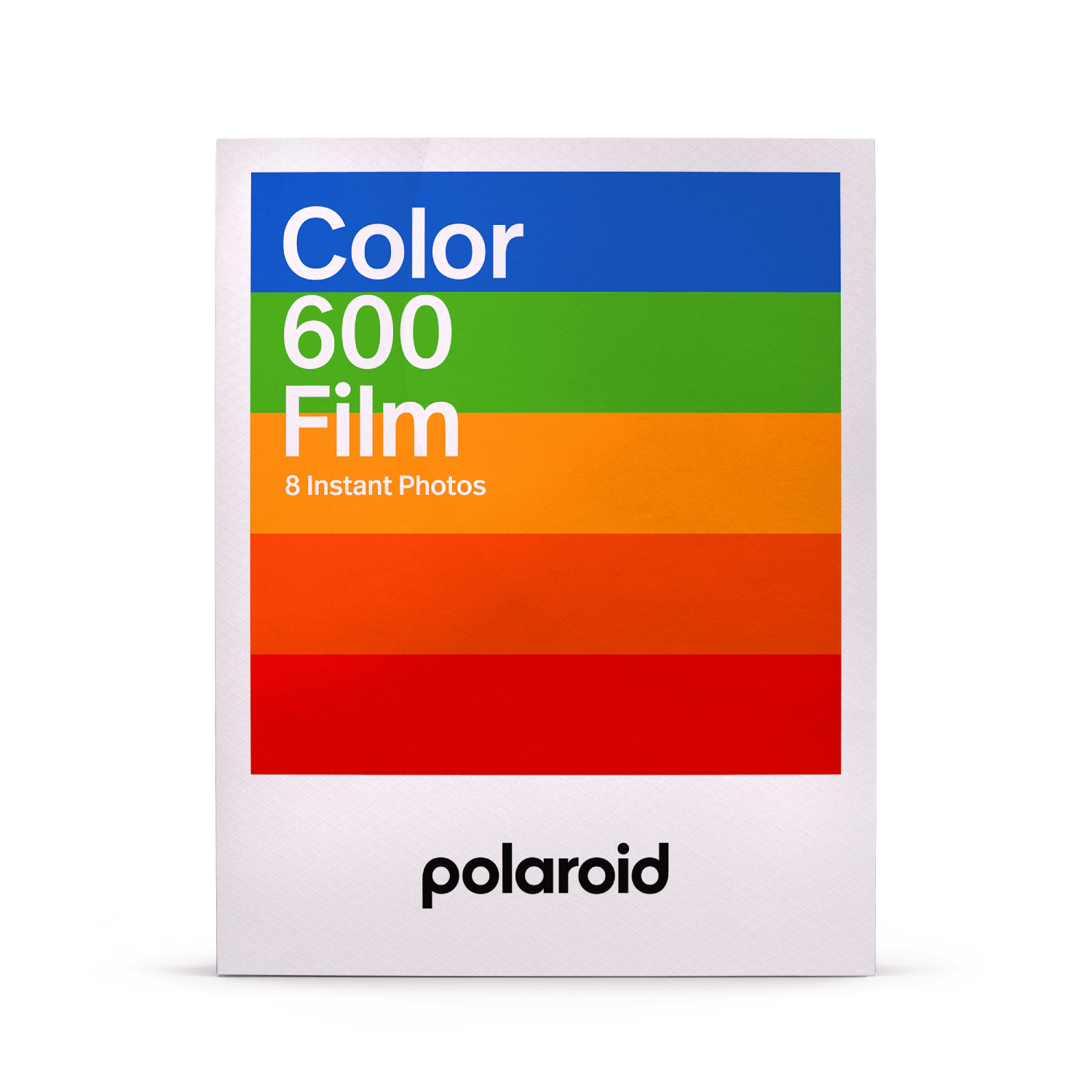 Caja de película Polaroid con rayas de color, fondo blanco y el logotipo de Polaroid.