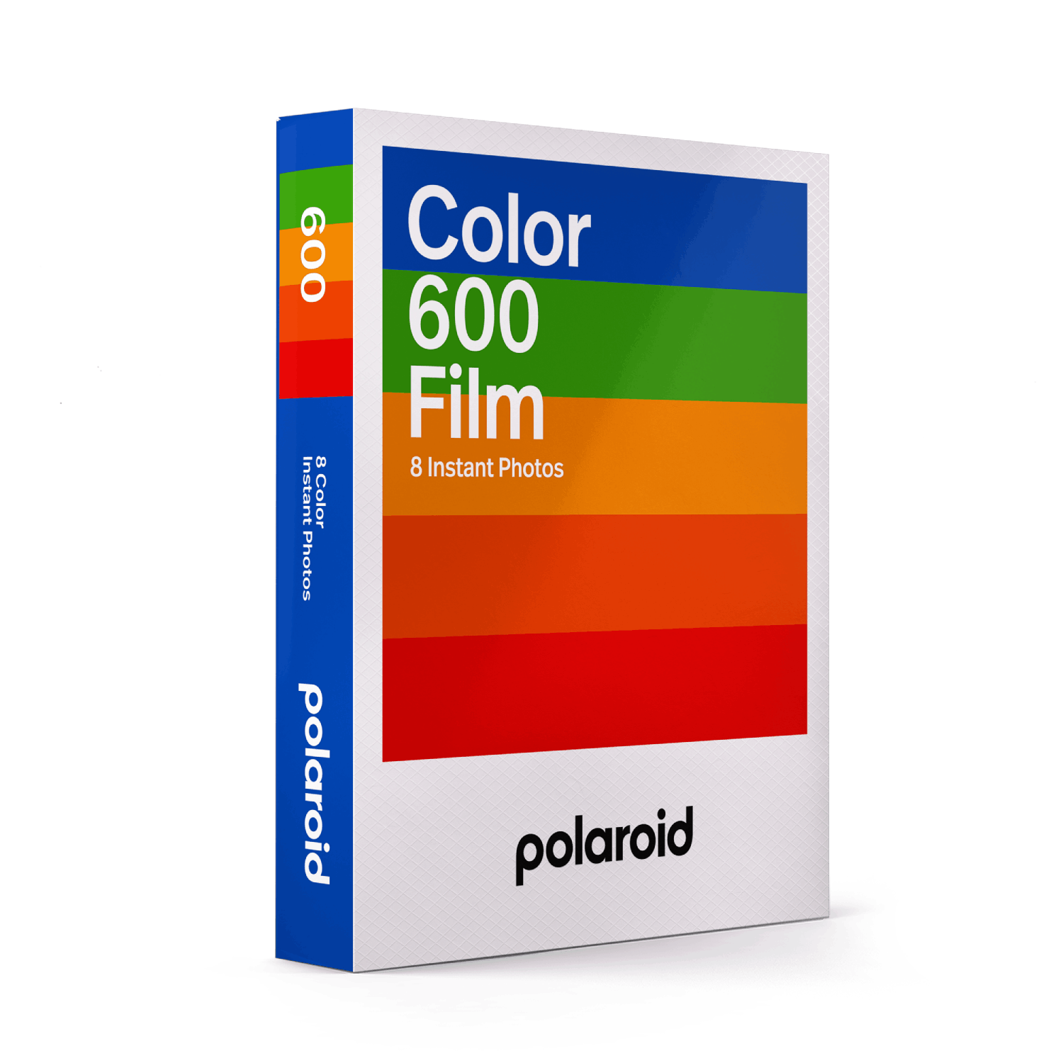 Caja de película Polaroid Color 600, con diseño colorido y el logotipo de Polaroid.