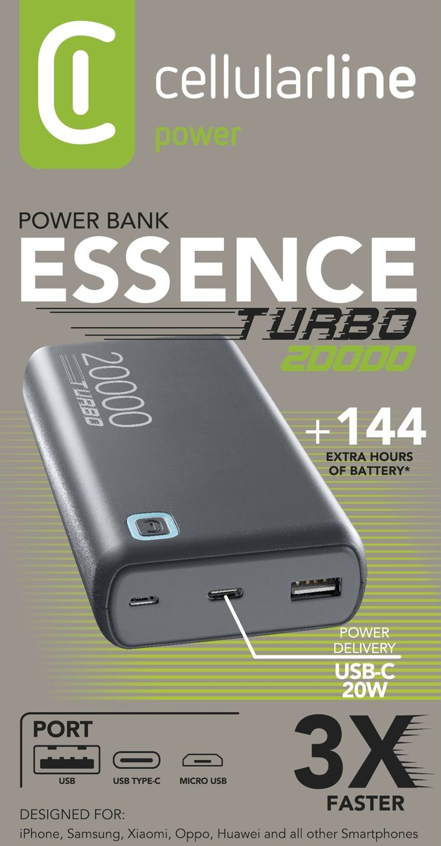 CELLULARLINE ESSENCE TURBO 20000 - Powerbank (Grau)