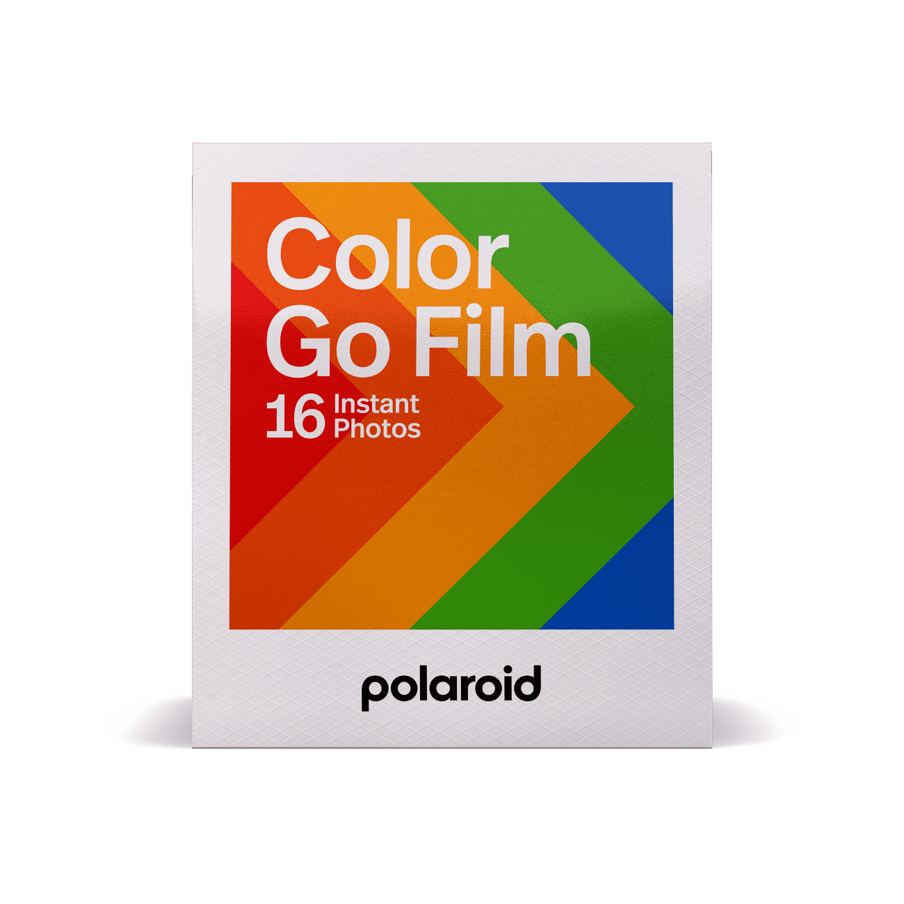 Caja de película Polaroid con rayas de colores y texto: 'Color Go Film'.