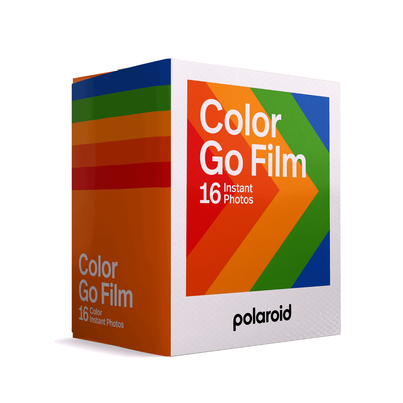 Caja de película Polaroid Color Go, con diseño colorido e información del producto.