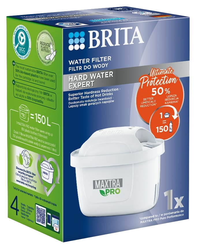 Brita vízszűrő doboza, szöveggel és képekkel. Egy fehér szűrő látható.