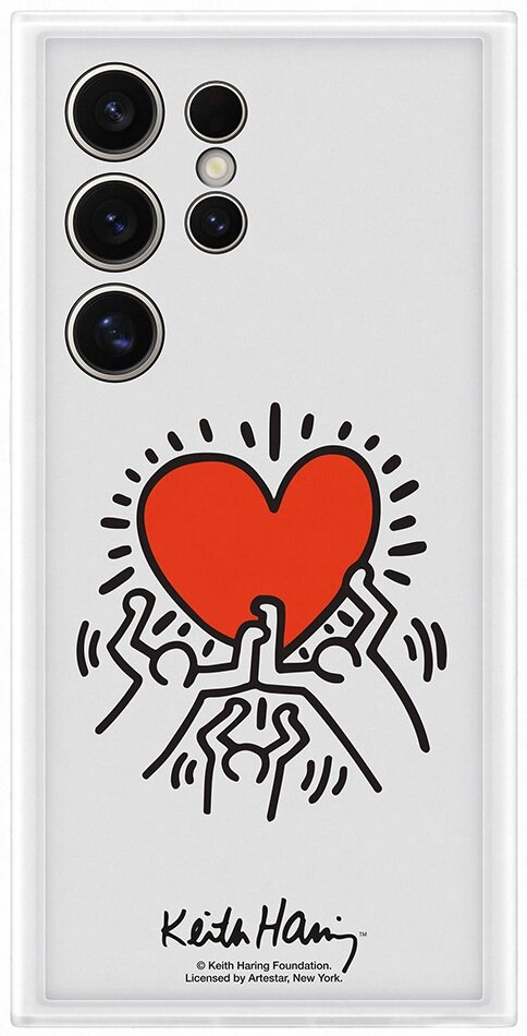 Tył telefonu z projektem serca Keitha Haringa. Czarne linie tworzą postacie trzymające serce.