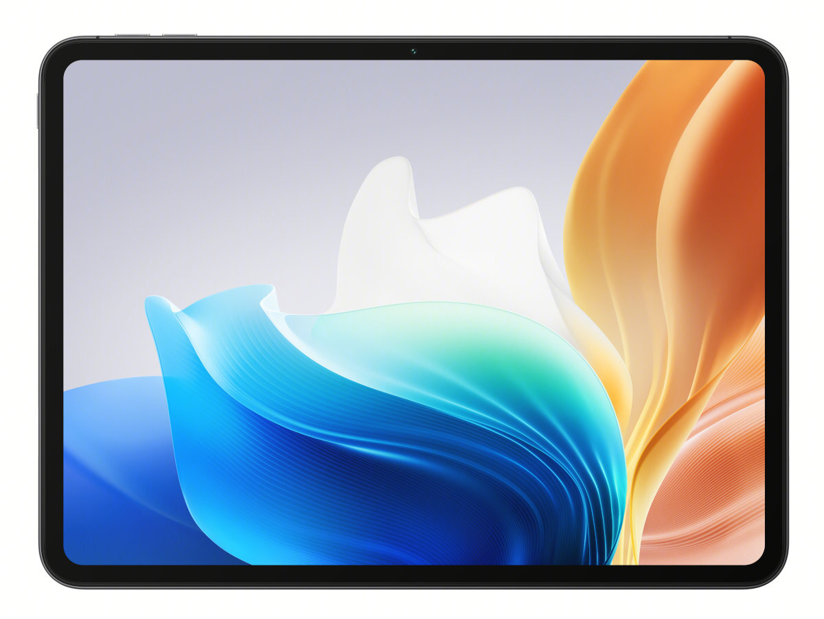 Tablet z wyświetlaczem abstrakcyjnych niebieskich i pomarańczowych kształtów, czarną ramką i białym tłem.