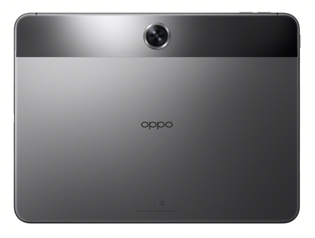Tył szarego tabletu Oppo z aparatem i logo Oppo.