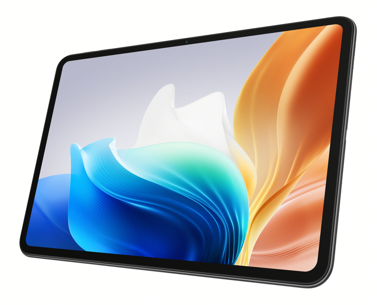 Tablet, widok z perspektywy, wyświetlający abstrakcyjny, pomarańczowo-niebieski, płynny wzór na ekranie.