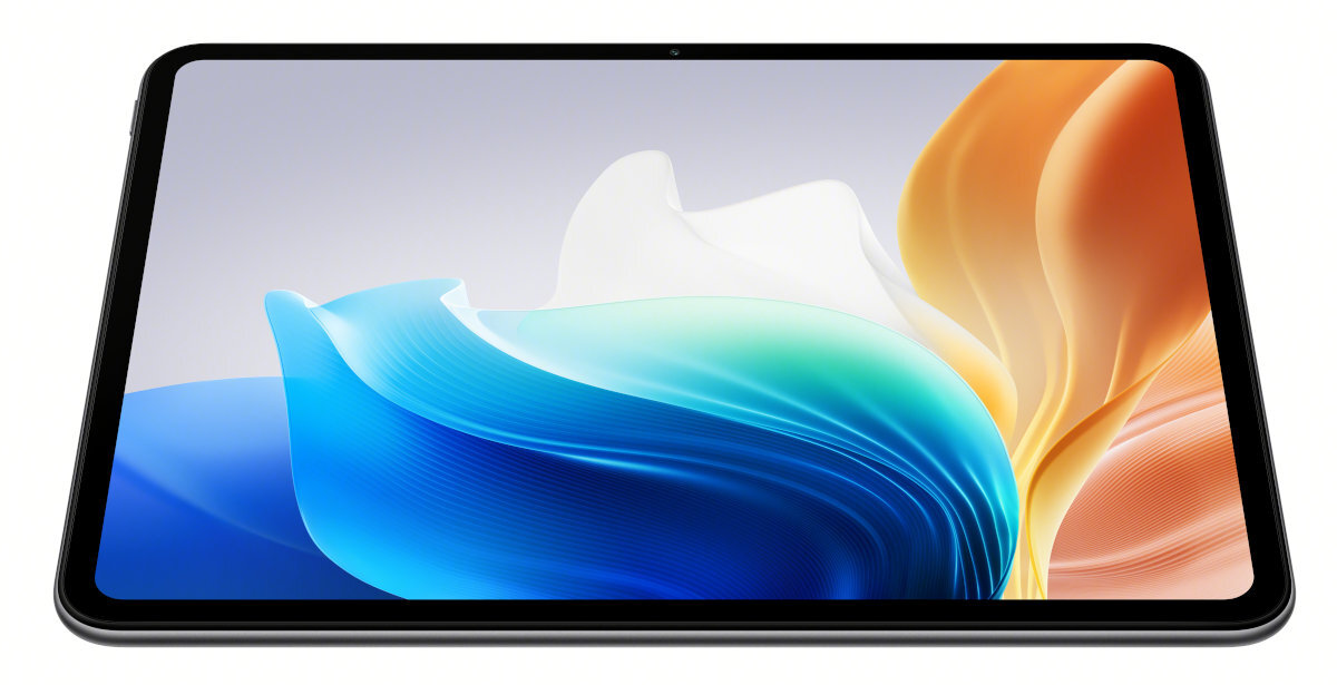Czarny tablet z przednim aparatem, wyświetlający kolorowy, abstrakcyjny wzór.