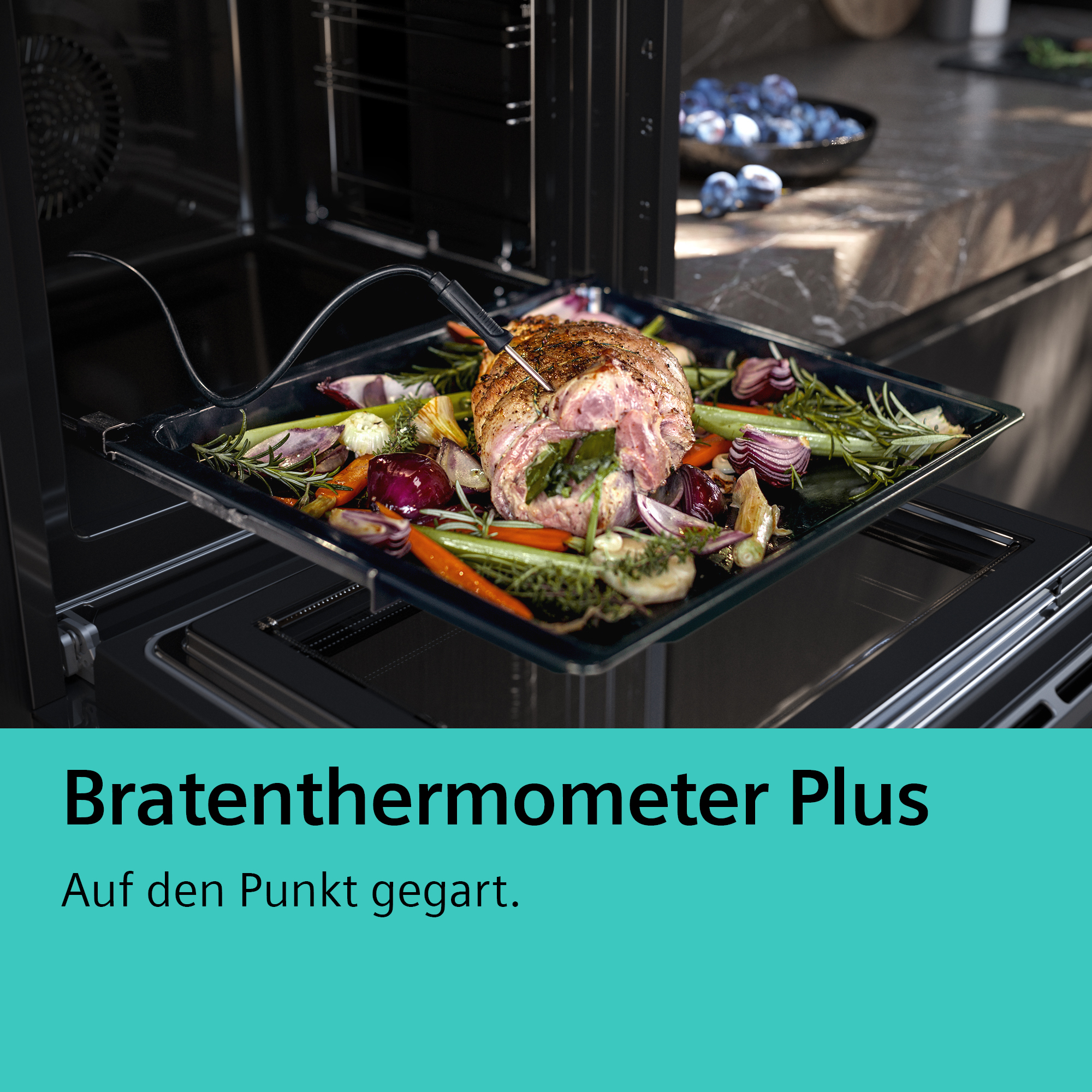 Ein Braten mit Gemüse auf einem Blech in einem Ofen, mit Text über ein Bratenthermometer.