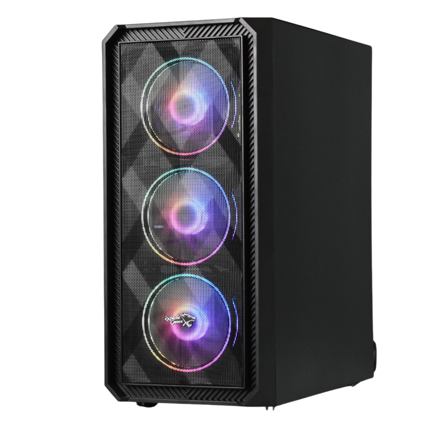 Zwarte pc-kast met een mesh voorkant, drie verlichte ventilatoren en een zijpaneel. Donkere achtergrond.