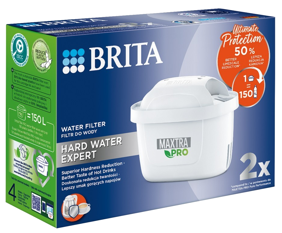 BRITA vízszűrő betétek doboza, a 'HARD WATER EXPERT' felirattal.