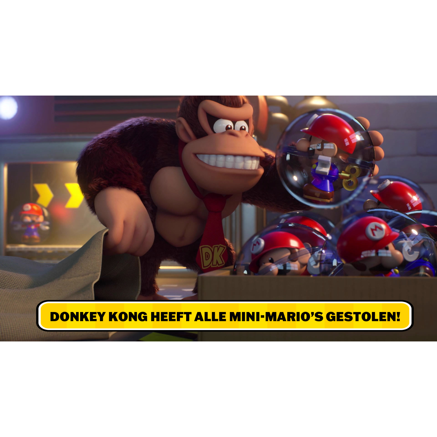 Donkey Kong steelt mini-Mario's. Tekst in het Nederlands: 'Donkey Kong stal alle mini-Mario's!'