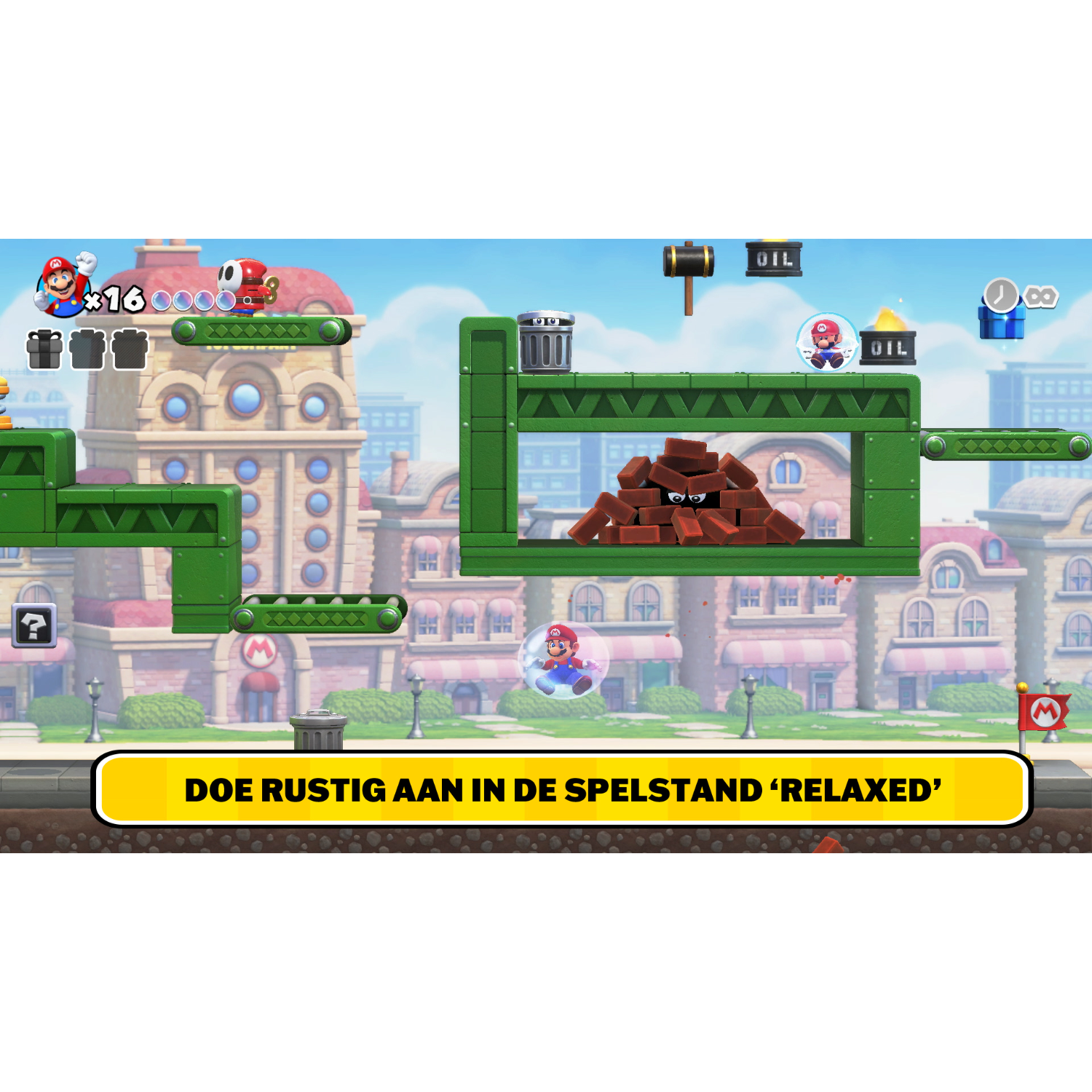 Mario-gamescène met Mario in een bubbel, groene platforms en tekst onderaan.