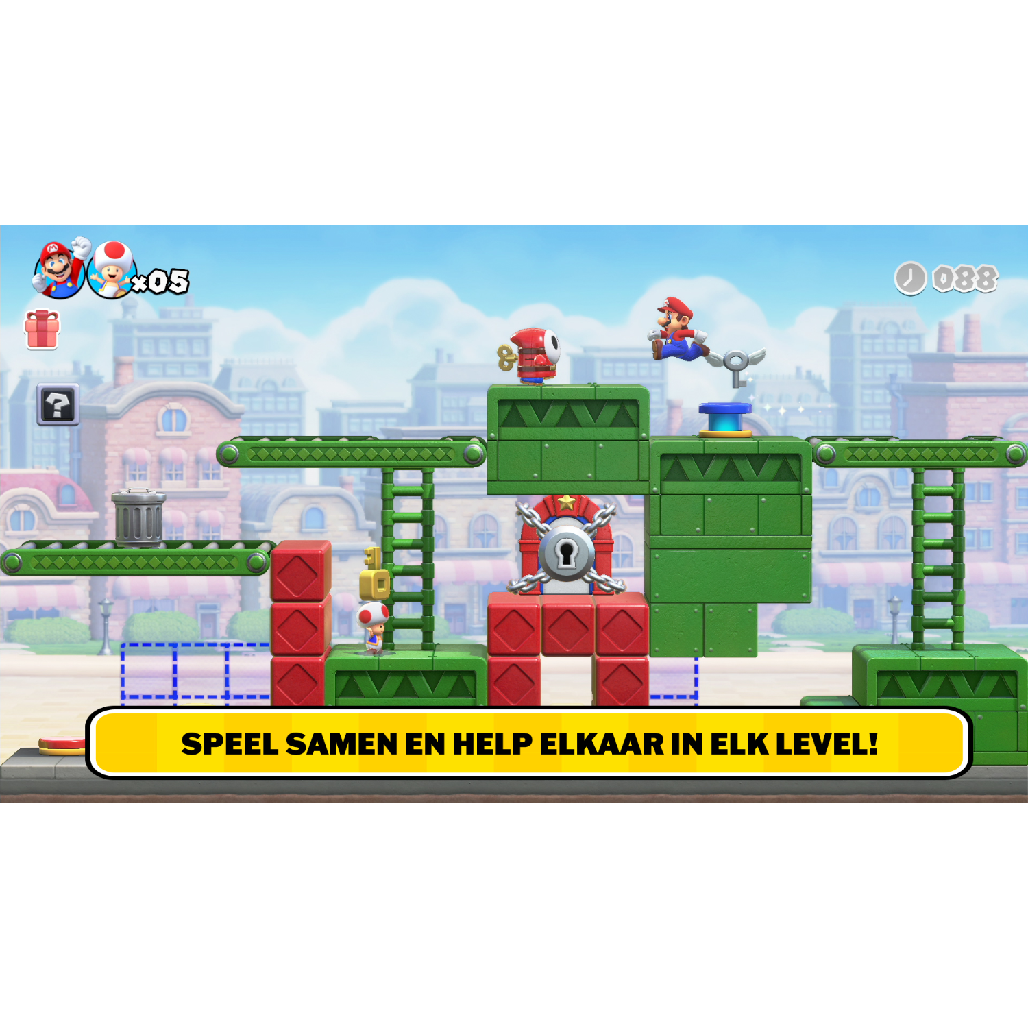 Een videogame-scène met Mario, een sleutel en een afgesloten deur op een kleurrijk level.