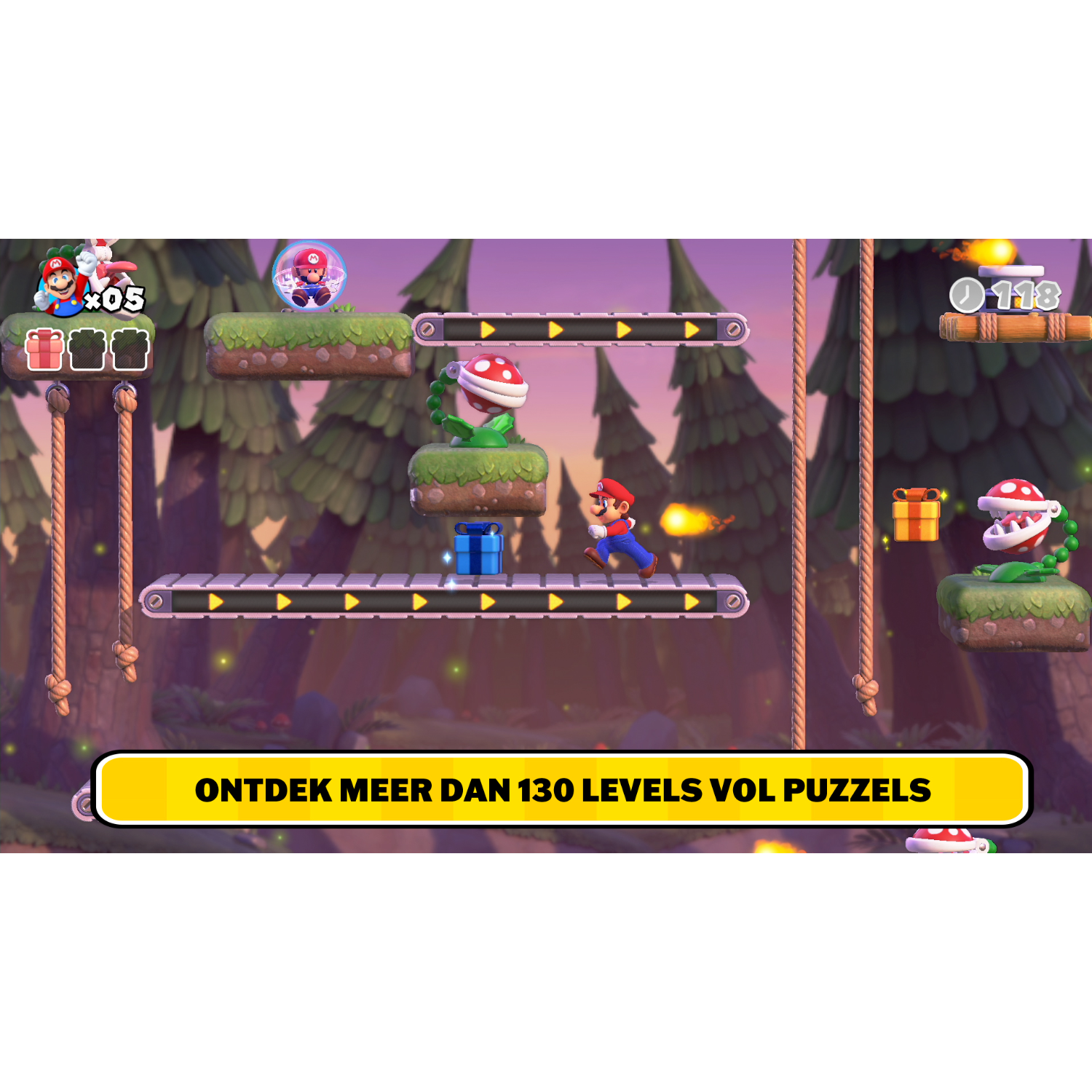Screenshot van een videogame met Mario. Bos achtergrond. Tekst: Ontdek meer dan 130 levels vol puzzels.