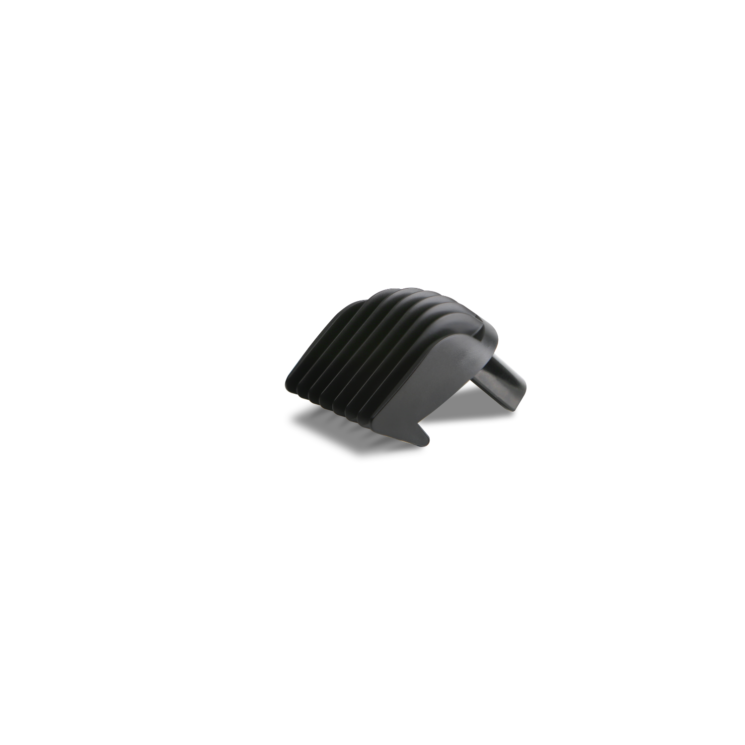 Black hair trimmer attachment on a white background. It is a curved piece with teeth on one side.