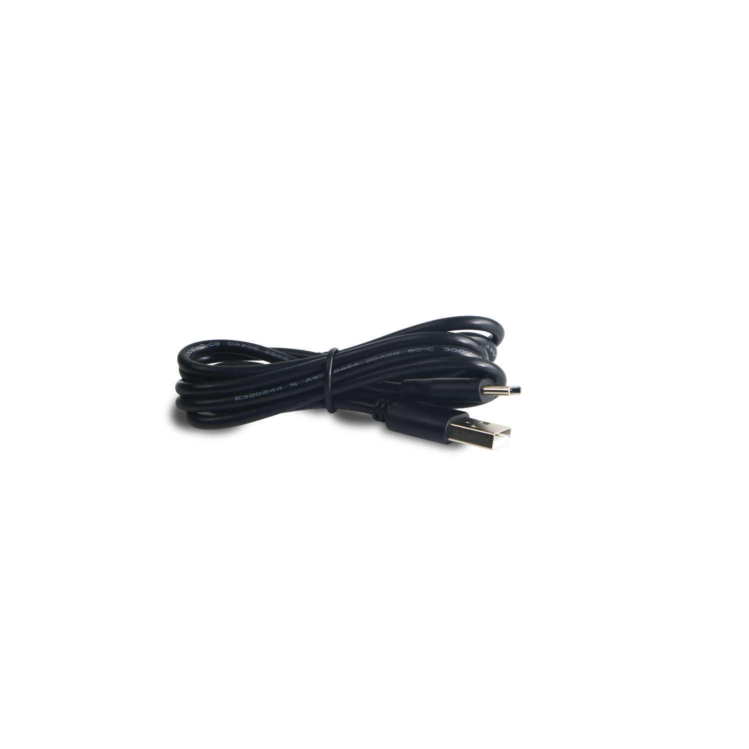 Black USB cable, coiled, with a USB-A and a smaller connector. White background.