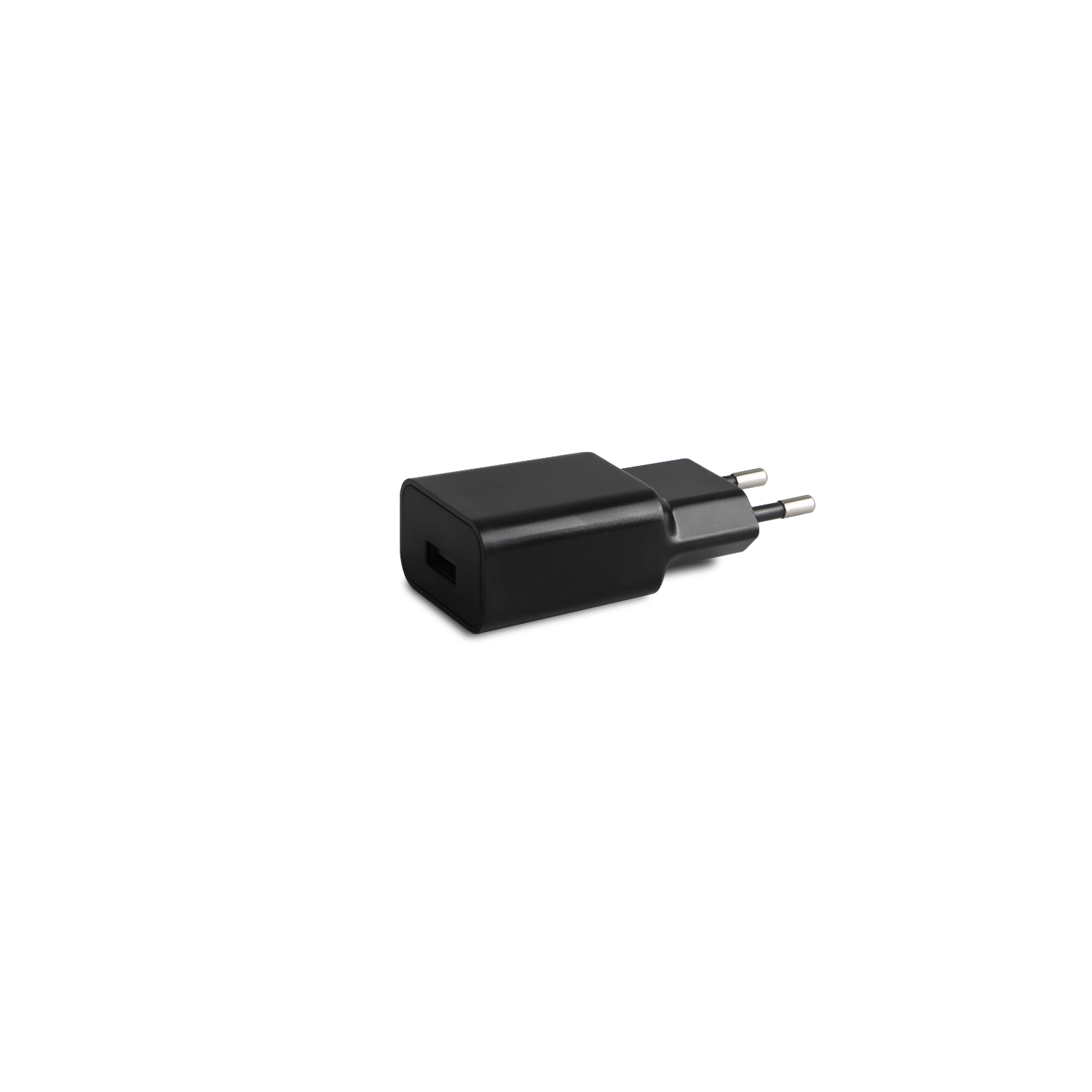 Black USB charger on a white background. Two prongs extend from the charger.