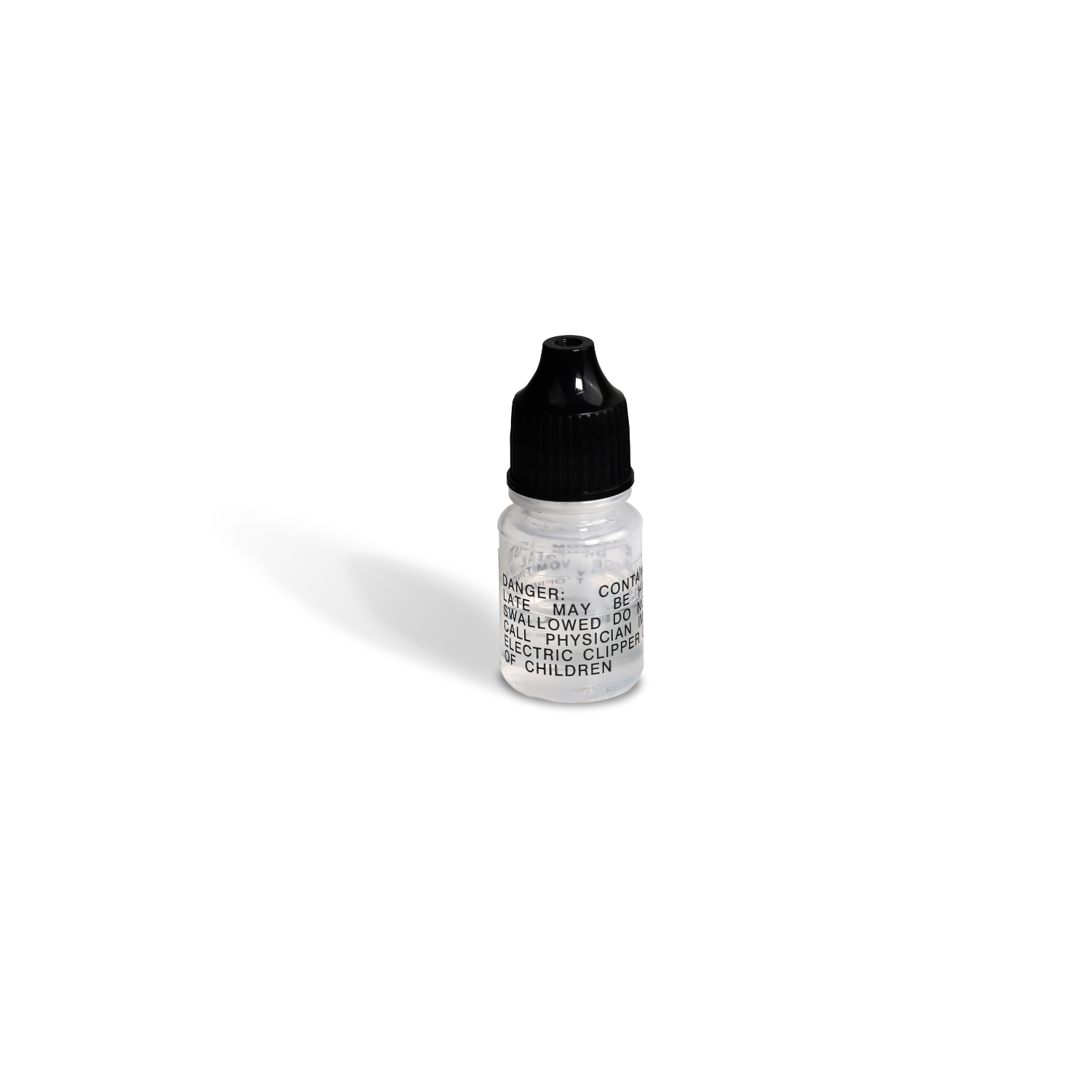 Small bottle with black cap. Contains a liquid with a warning label.