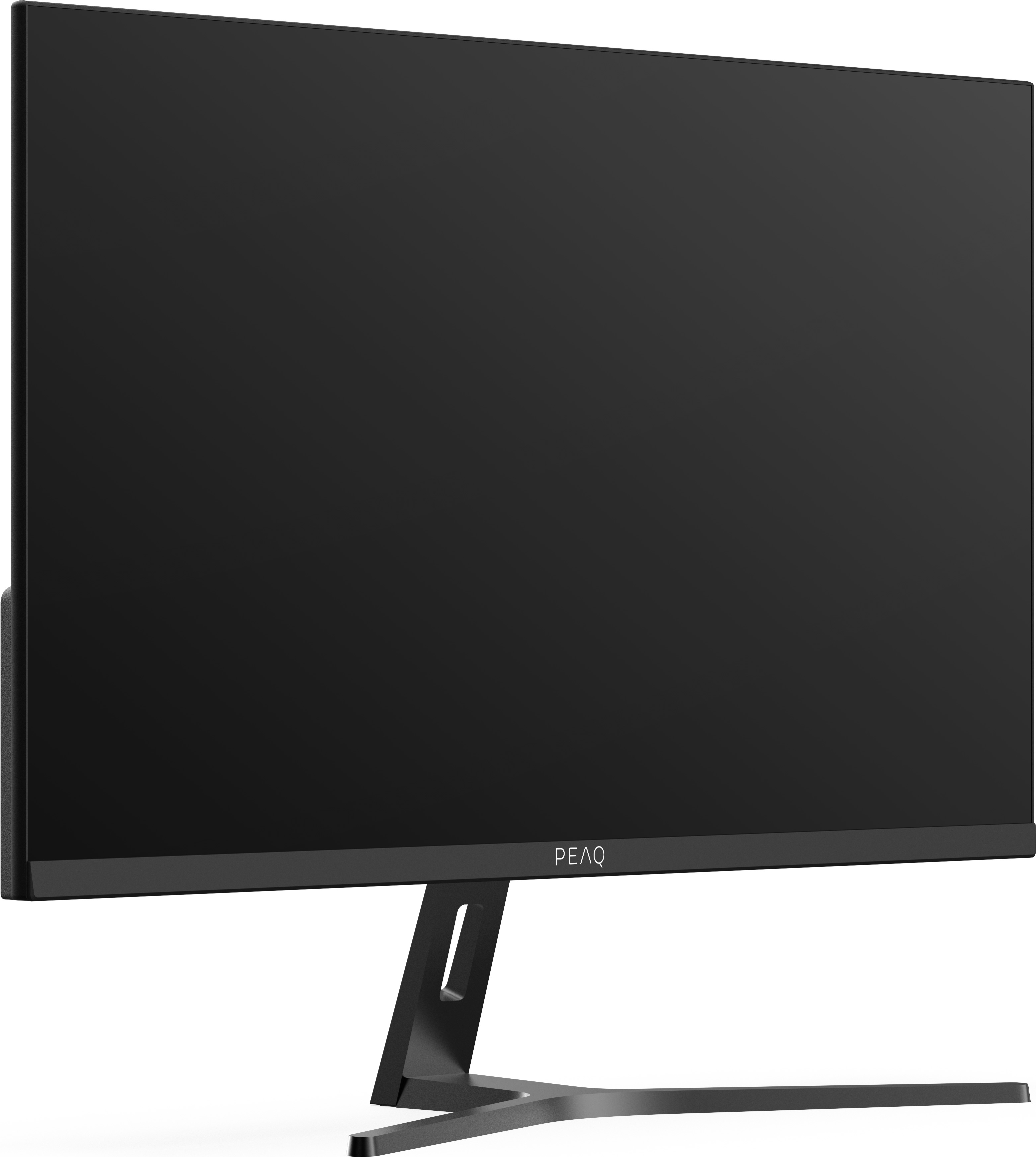 Un monitor per computer nero con una cornice sottile e un supporto. Design minimalista.
