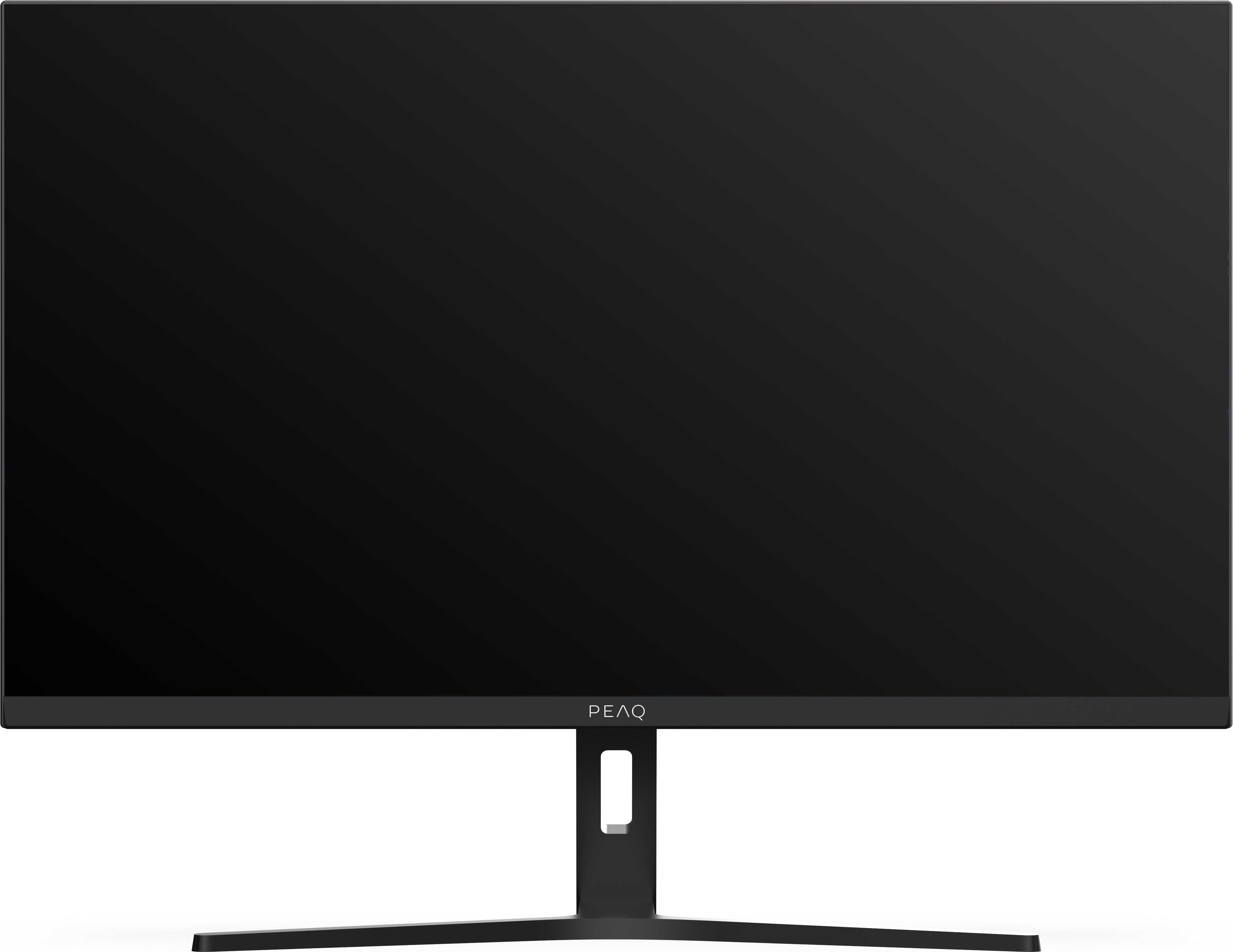 Monitor nero con logo PEAQ e supporto nero su sfondo bianco.