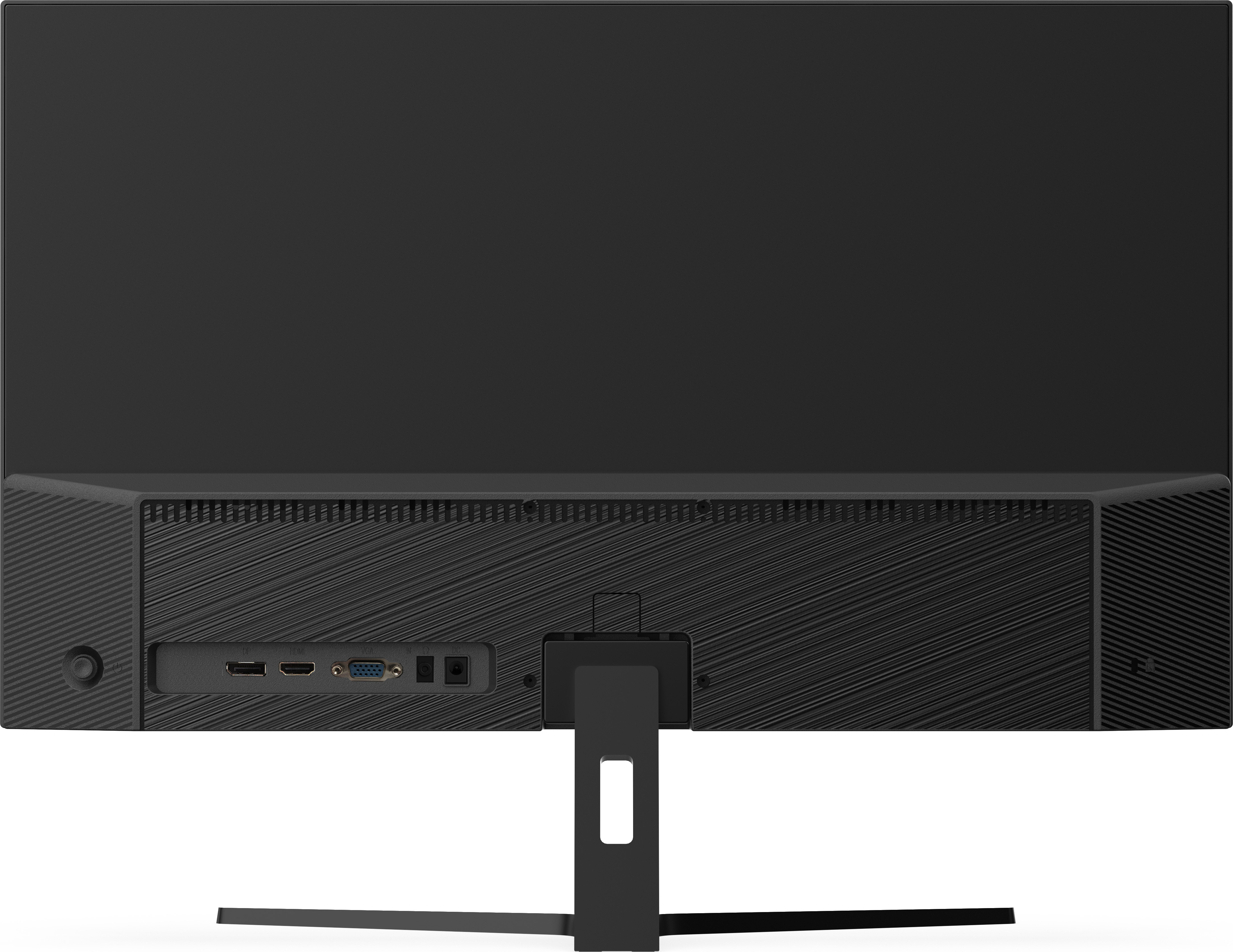 Retro di un monitor nero con varie porte e supporto. Sfondo nero semplice.