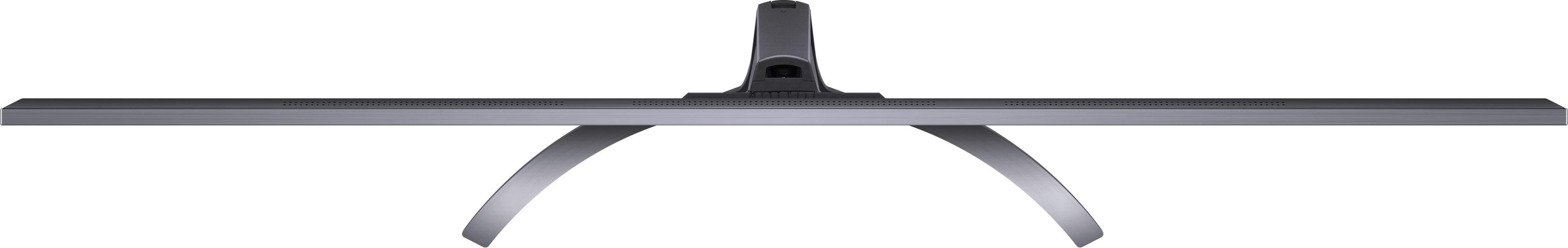 Eine Draufsicht auf einen Monitorständer. Die Basis ist ein silbernes, geschwungenes Design, die Stütze schwarz.