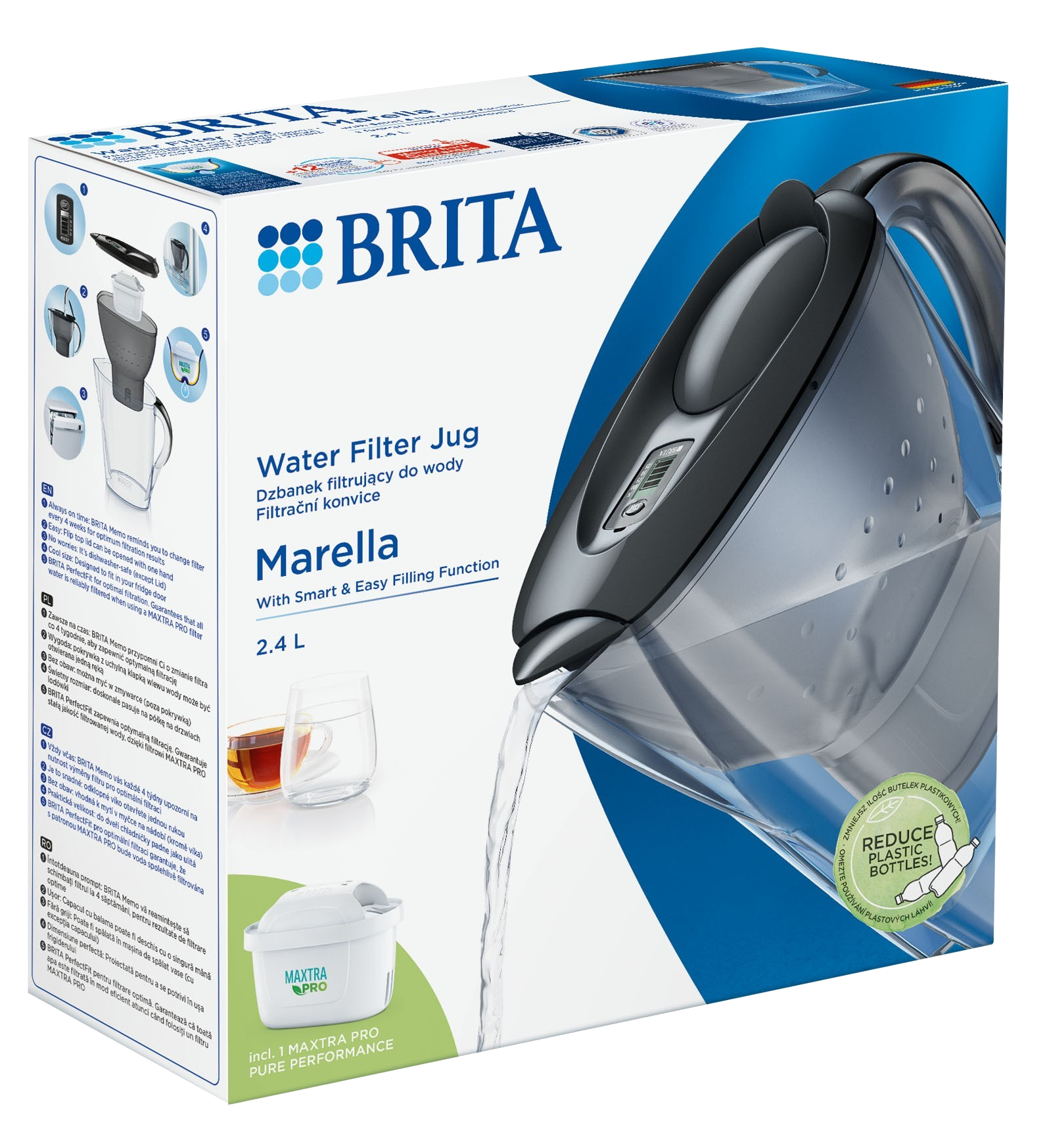 Brita vízszűrő kancsó dobozban. Vizet önt, és van benne egy szűrő.