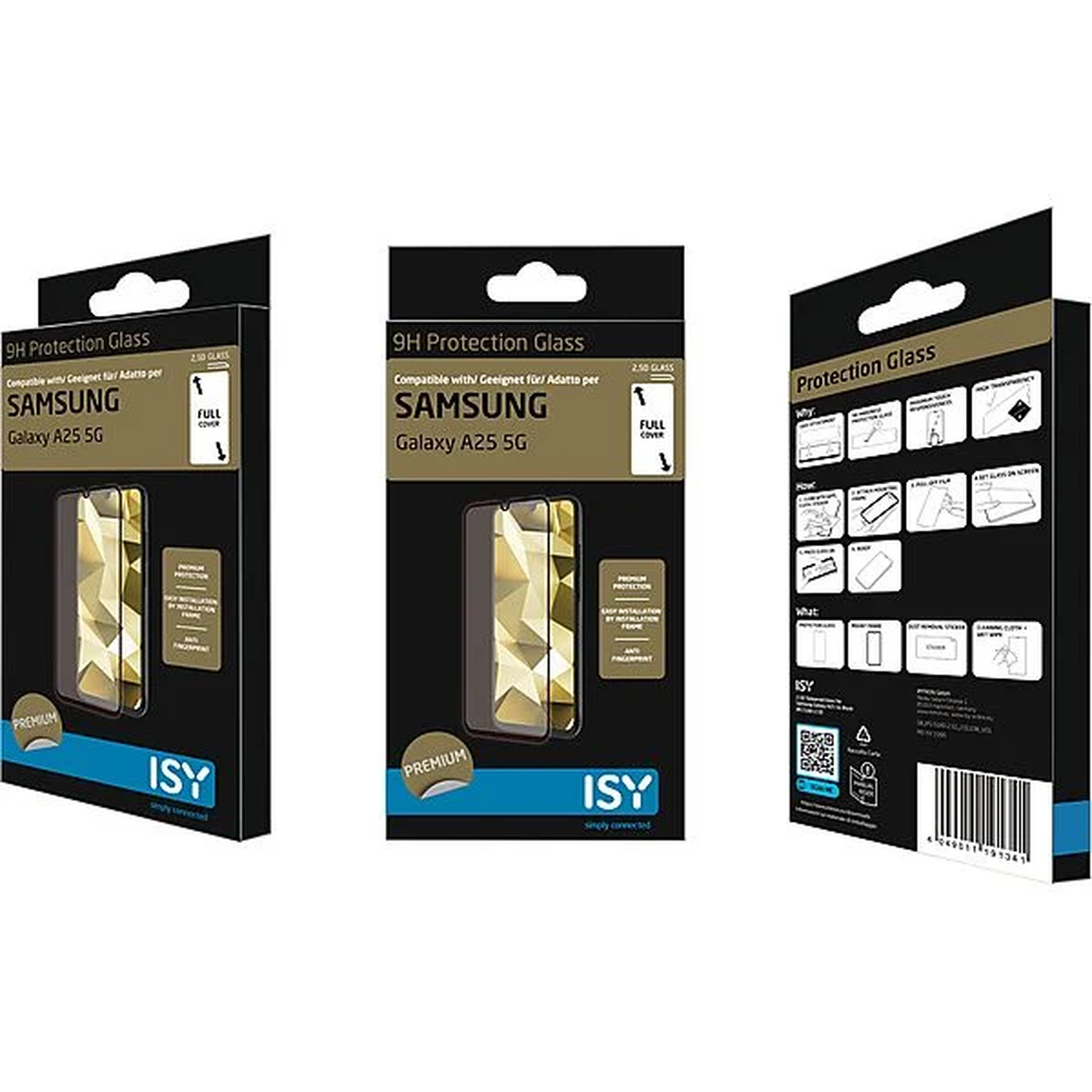Doosjes met schermbeschermers met goud design.