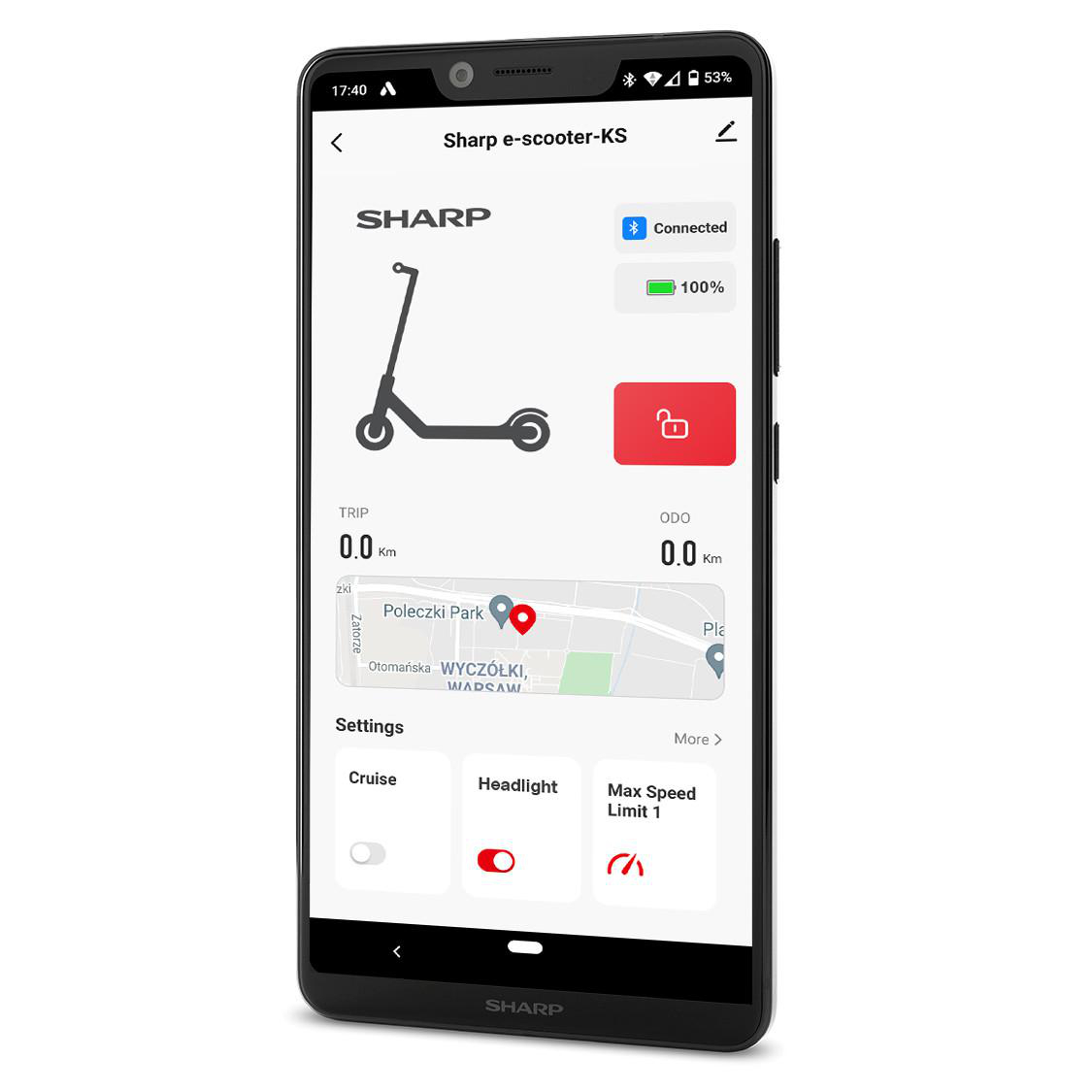 SHARP EM-KS4AEU-B E-Scooter mit eingebautem Display und Steuerung per App, Black
