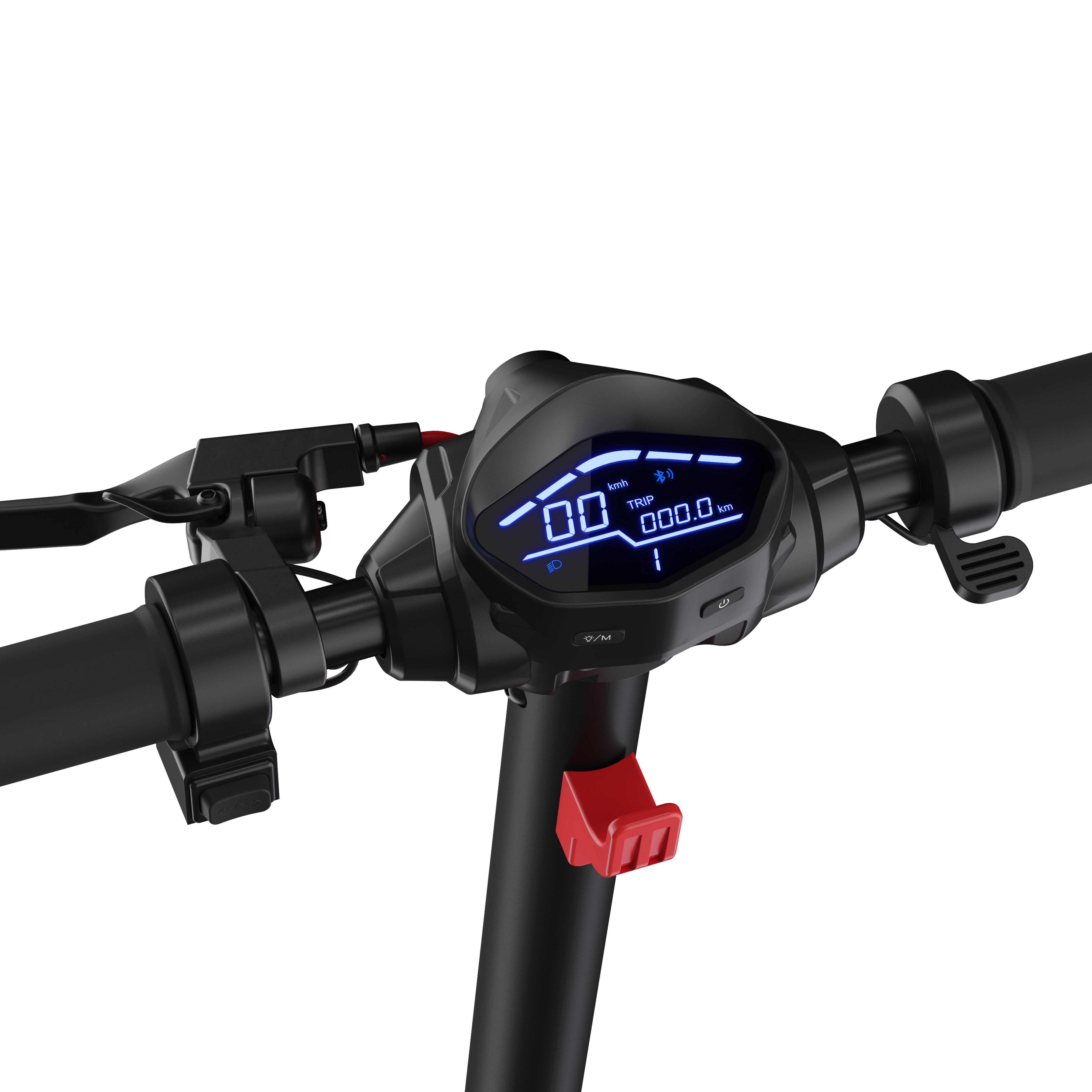 Nahaufnahme eines schwarzen E-Scooter-Lenkers mit beleuchtetem Digitaldisplay, Griffen und Bedienelementen vor weißem Hintergrund.