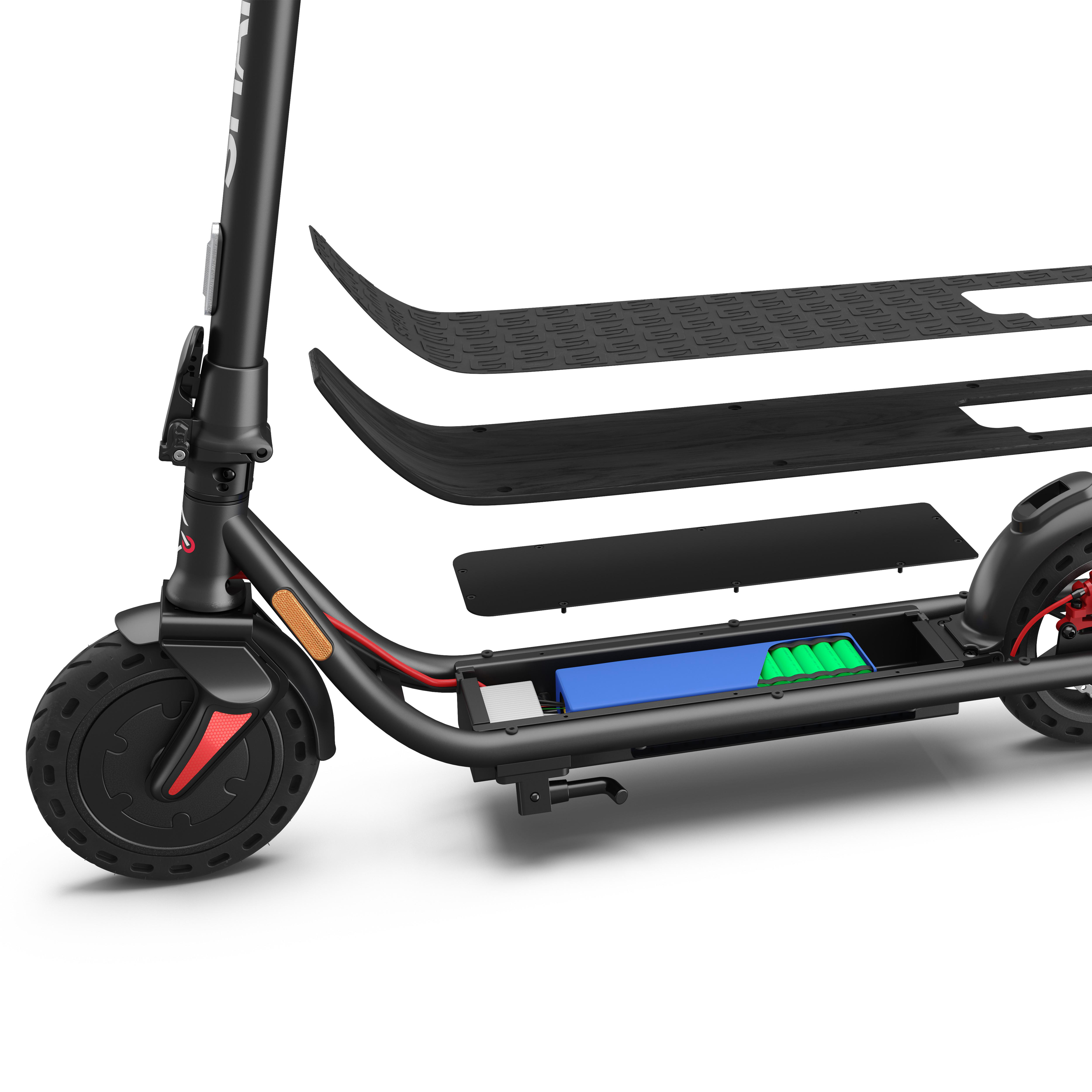 Explosionszeichnung eines E-Scooters mit sichtbarem Akku und abgenommenen Deckschichten.
