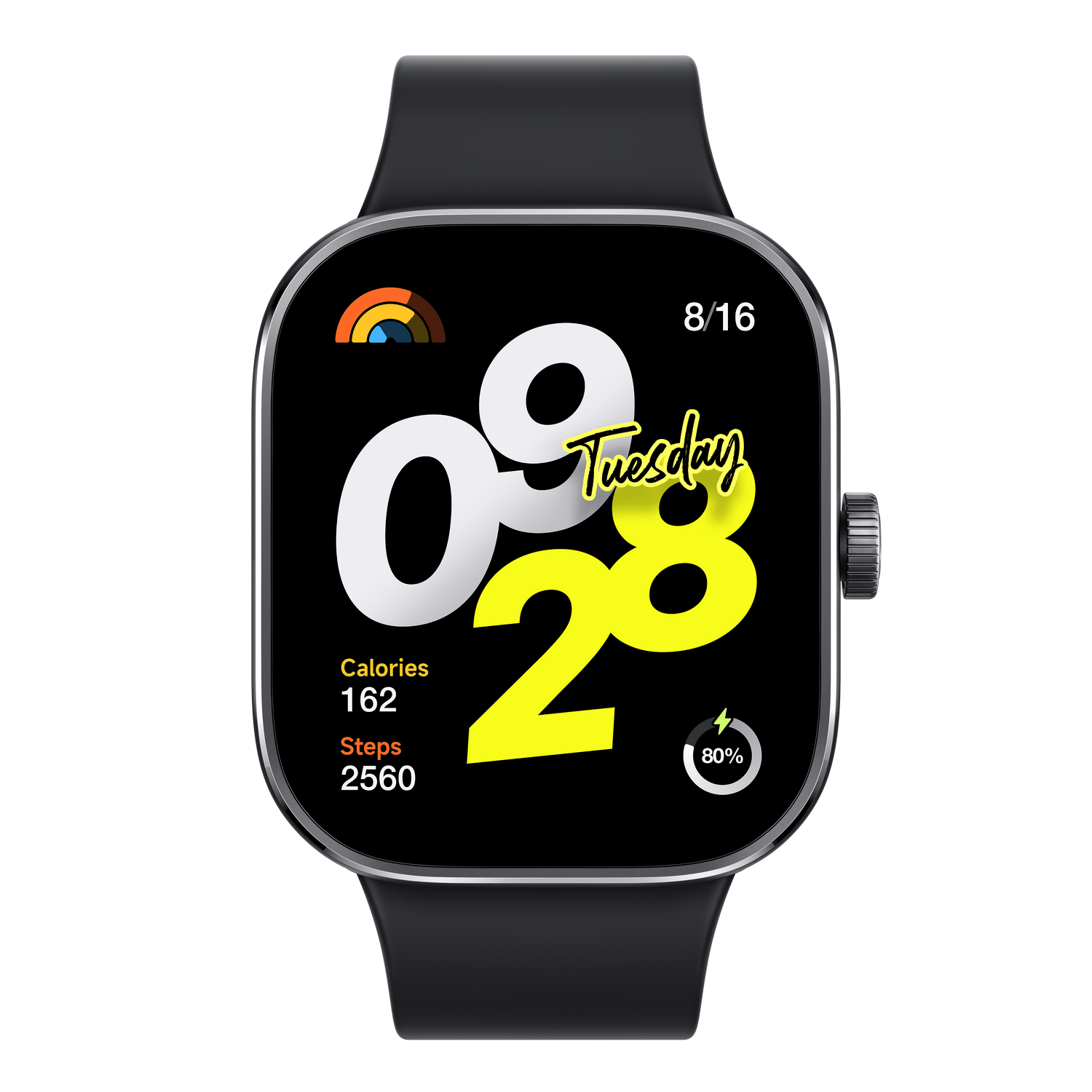 Un reloj inteligente negro que muestra la hora 09:28 y un nivel de batería del 80%. Muestra el martes y la fecha.