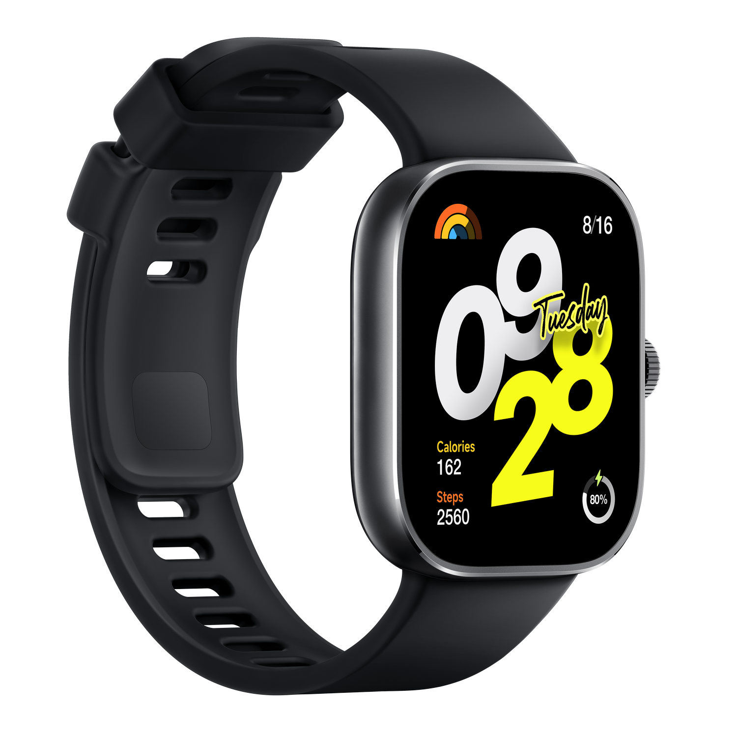 Reloj inteligente con correa negra, que muestra la fecha, la hora y las métricas de fitness. La pantalla es en blanco y negro.
