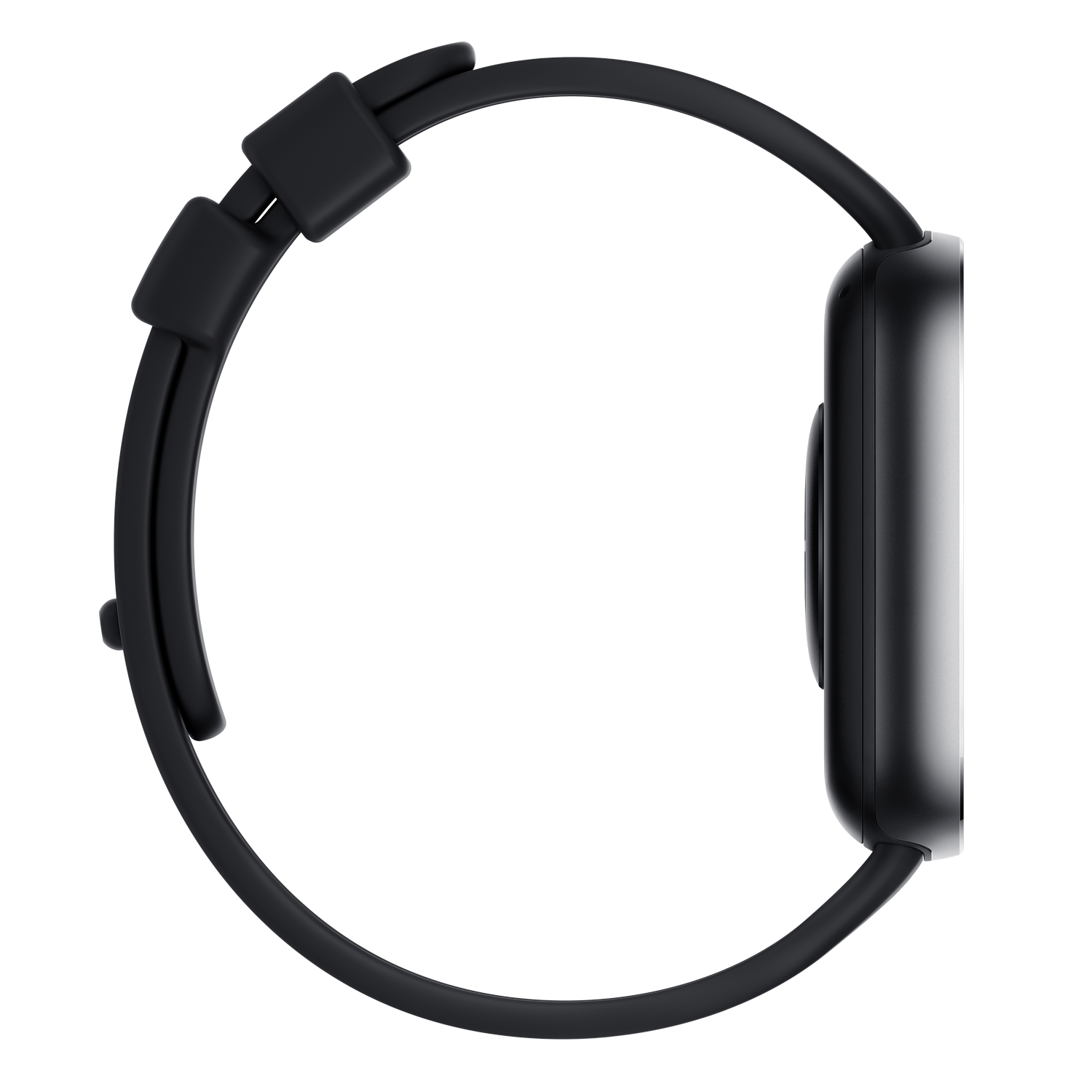 Smartwatch negra con correa negra. Vista de perfil sobre fondo negro.