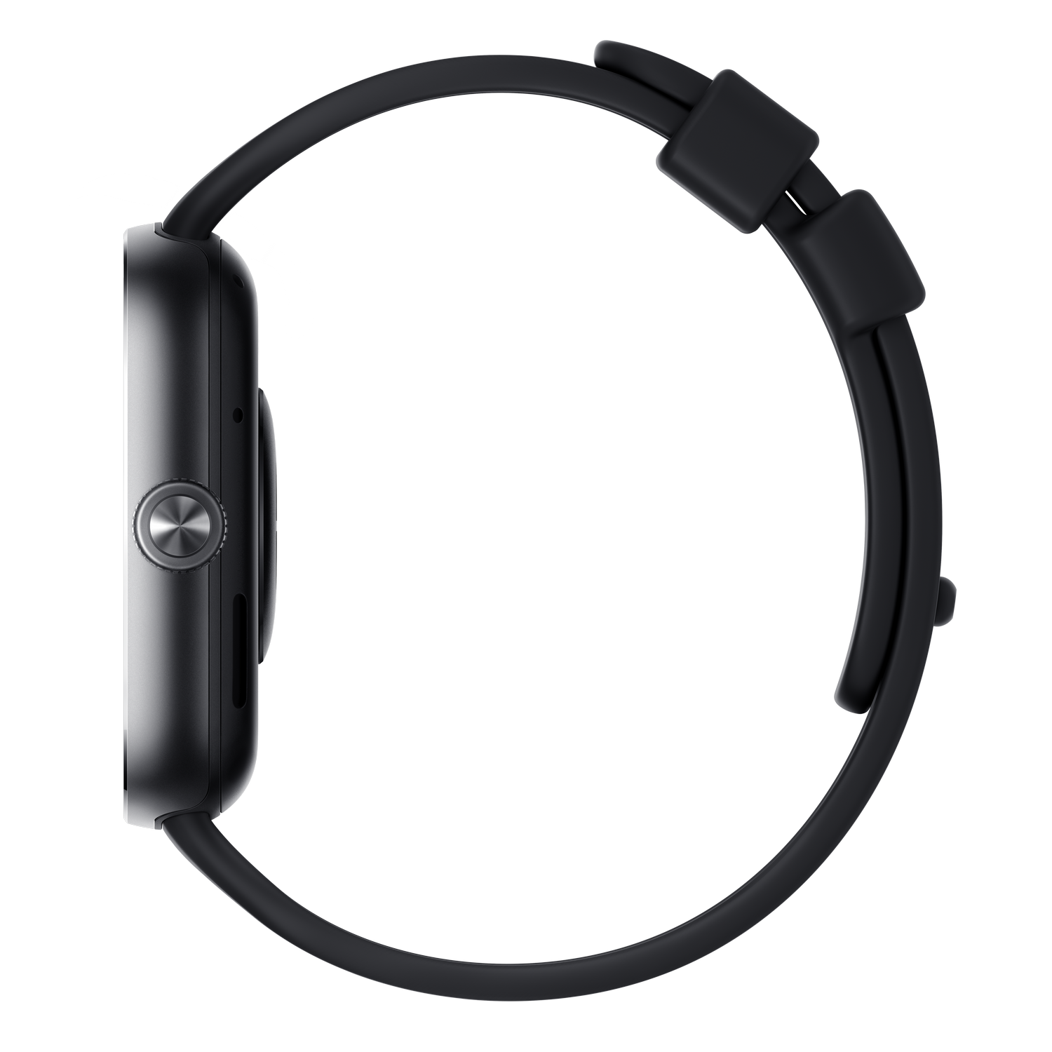 Smartwatch negra con pantalla curvada y correa negra, vista de lado.