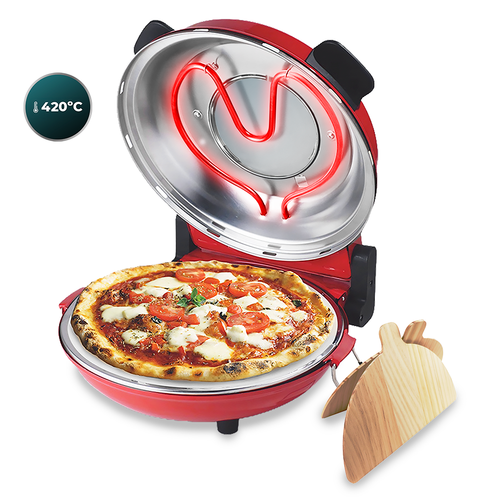 Horno de pizza rojo con tapa abierta, pizza dentro. Una pala de pizza de madera a un lado.