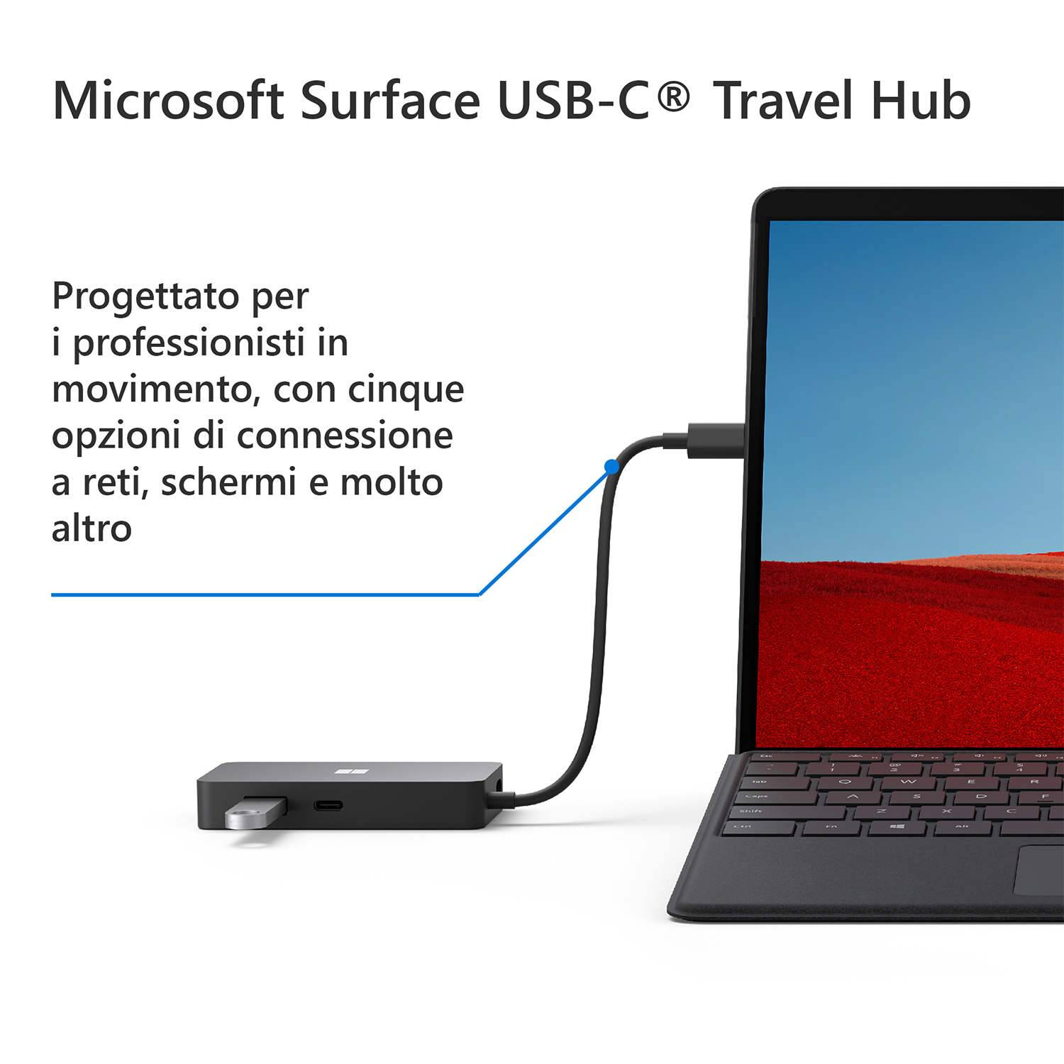 Un hub da viaggio USB-C nero collegato a un laptop, con testo sulle sue caratteristiche e il suo design.